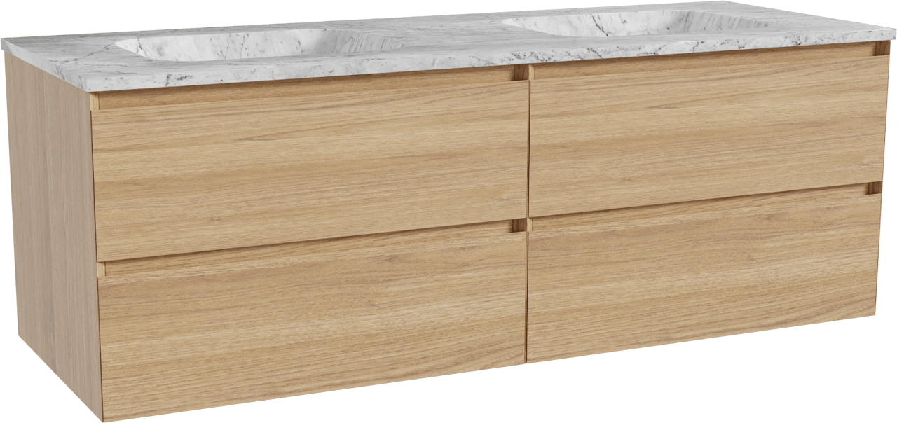 Balmani Mitra hängendes Möbelstück Set: 150 x 55 cm, Naturbelassene Eiche, mit Tablo Arcato Doppelwaschtisch, Marmor Carrara