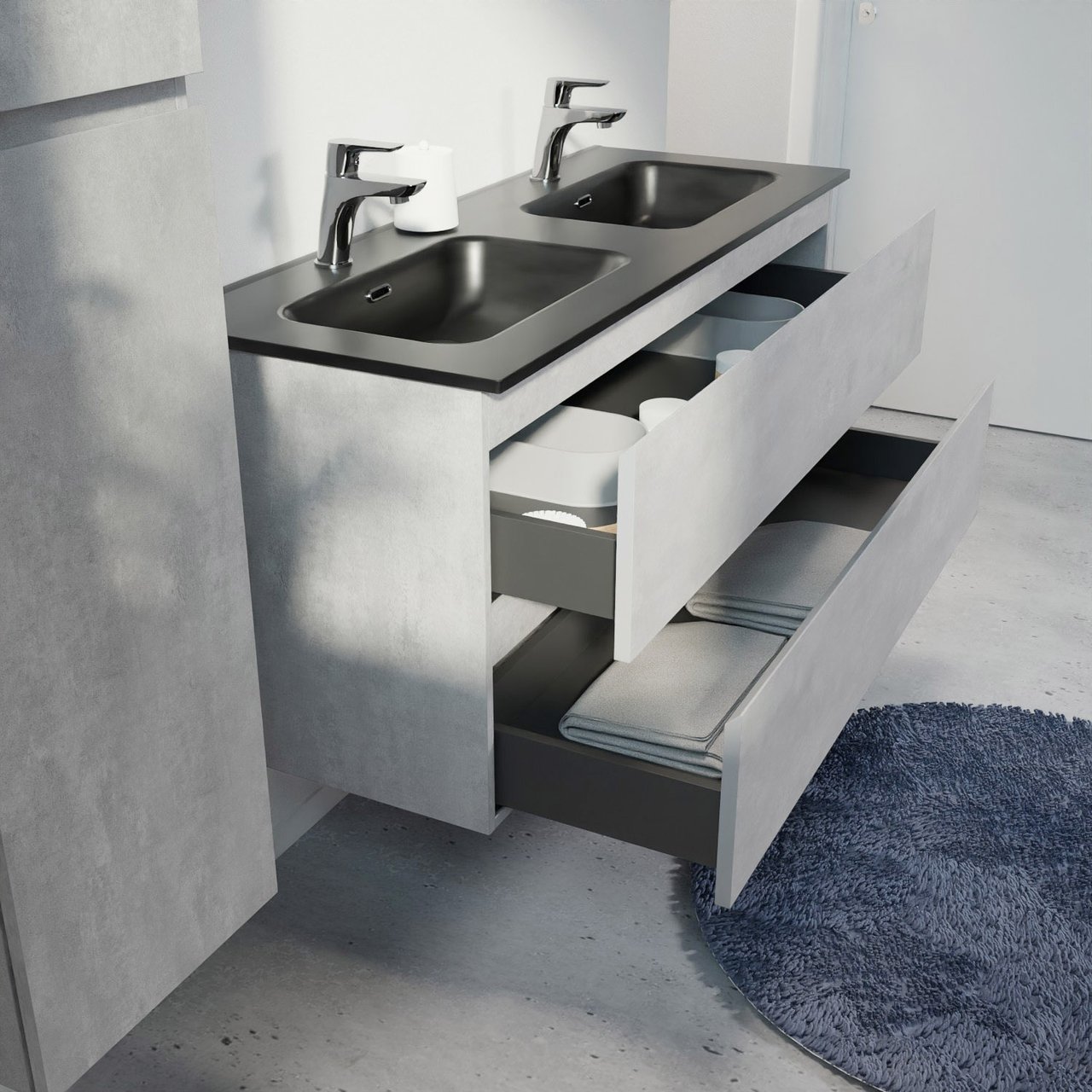 Linie Lado hängendes Möbelstück Set: 120 x 46 cm, Beton dunkelgrau, mit Baro Doppelwaschtisch, Porzellan Schwarz matt