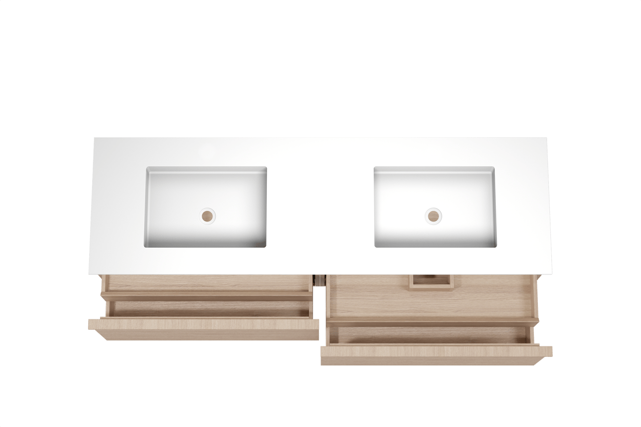 Balmani Forma zwevend badmeubel 180 x 55 cm naturel eiken met Tablo Stretto dubbele wastafel in solid surface mat wit, Horizontale symmetrische rechte ribbel