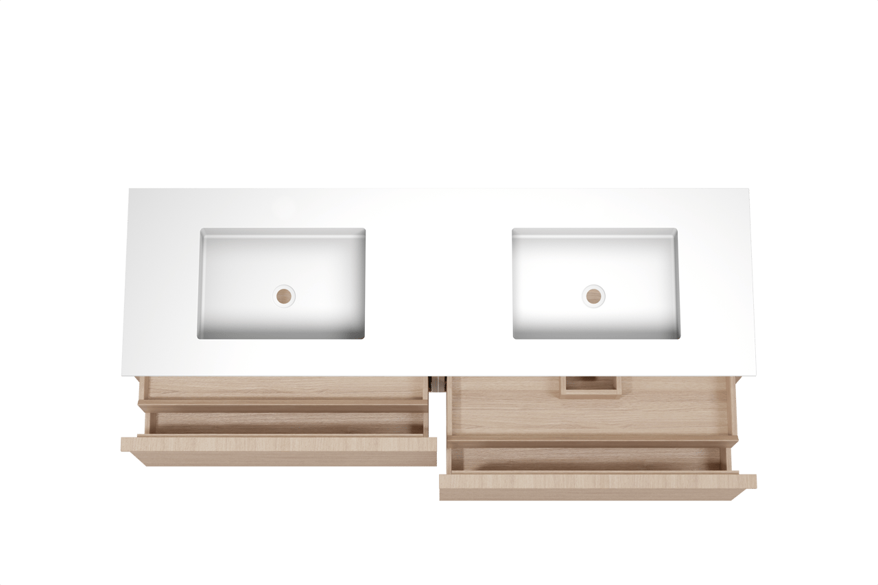 Balmani Forma zwevend badkamermeubel 180 x 55 cm natuur eik met Tablo Stretto dubbele wastafel in solid surface mat wit, Horizontale symmetrische rechte ribbel