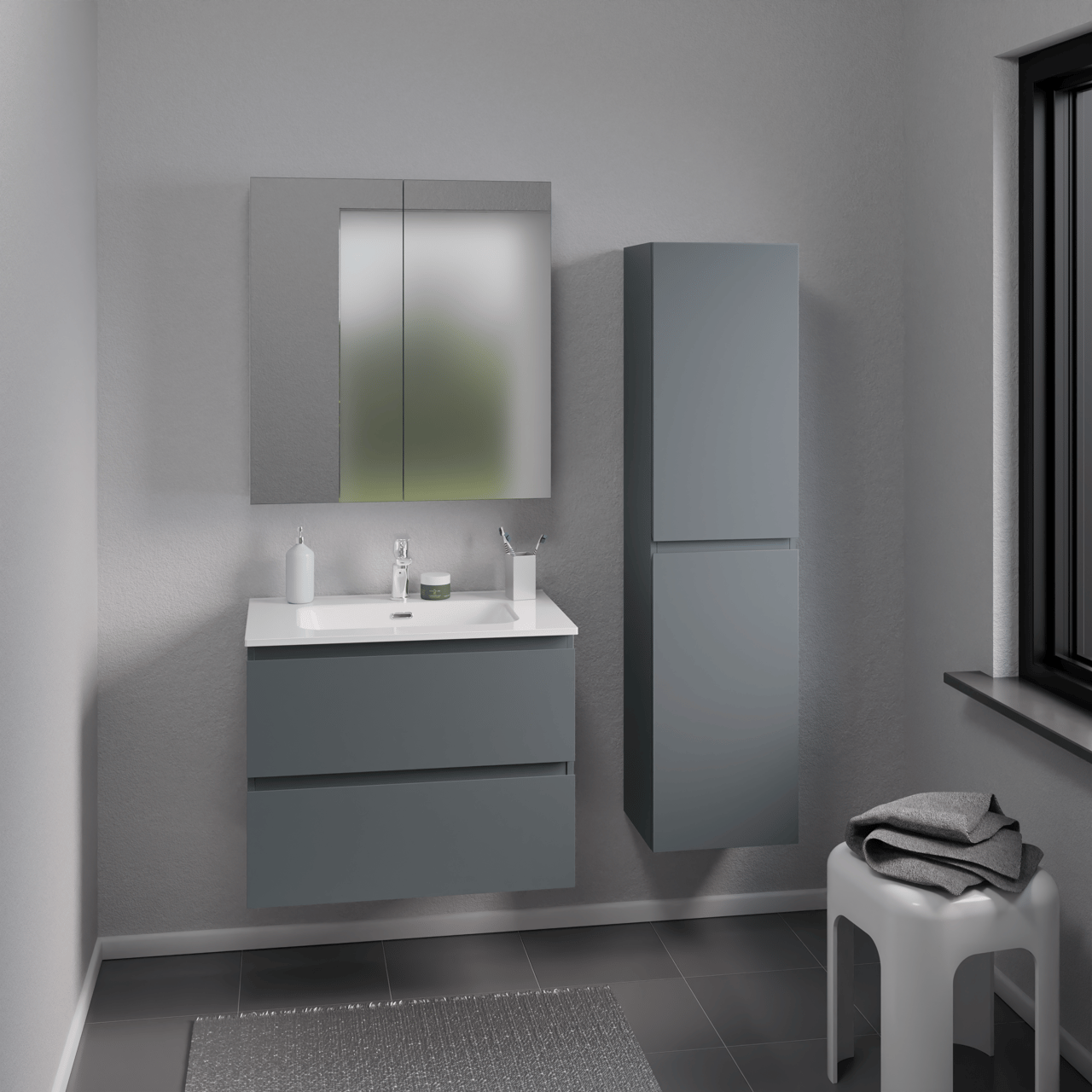 Linie Lado hängender Hochschrank zur Selbstmontage Blau Anthrazit 35 x 30 x 140 cm