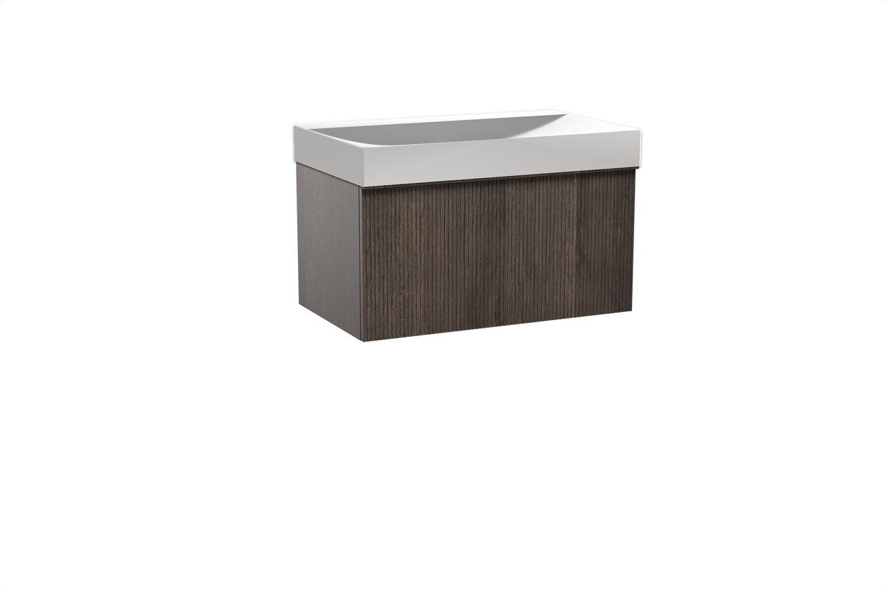 Balmani Forma meuble salle de bains suspendu 90 x 55 cm chêne fumé avec Wave plan simple en solid surface blanc mat, Nervure droite symétrique verticale