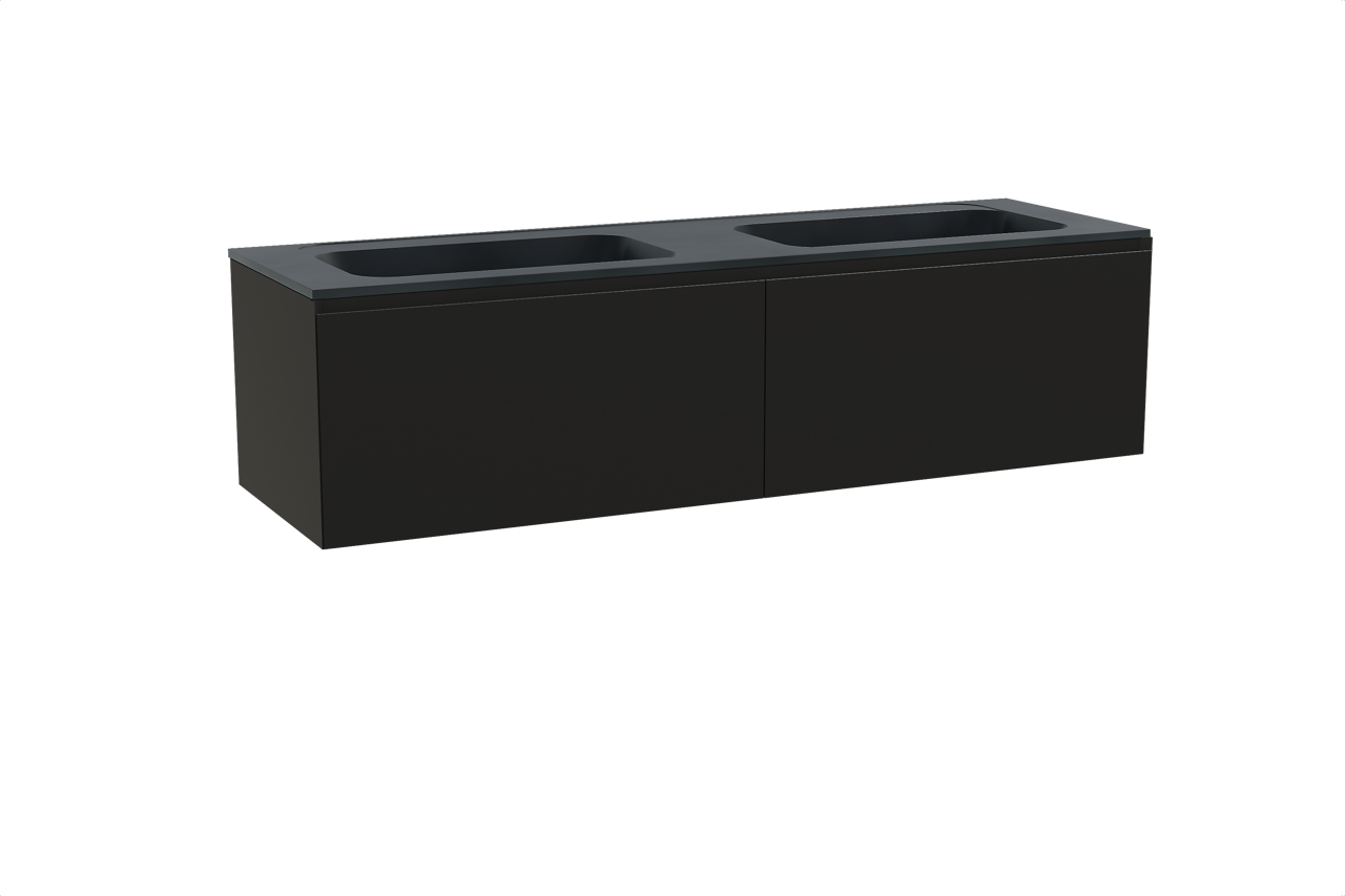 Balmani Idra hängendes Möbelstück Set: 180 x 55 cm, Schwarz matt, mit Tablo Strada Doppelwaschtisch, Marmorkomposit Schwarz matt