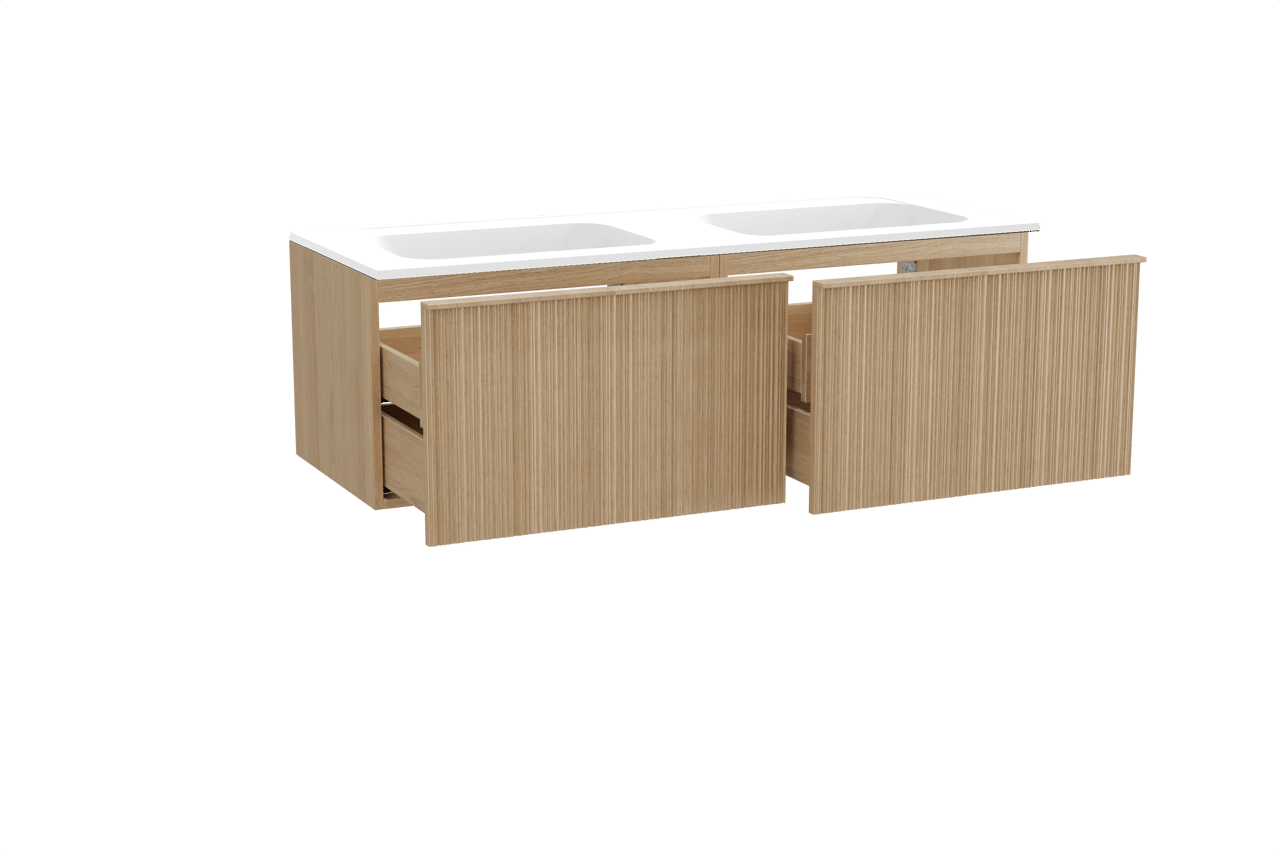 Balmani Forma zwevend badkamermeubel 150 x 55 cm natuur eik met Tablo Strada dubbele wastafel in composietmarmer mat wit, Verticale asymmetrische ronde ribbel