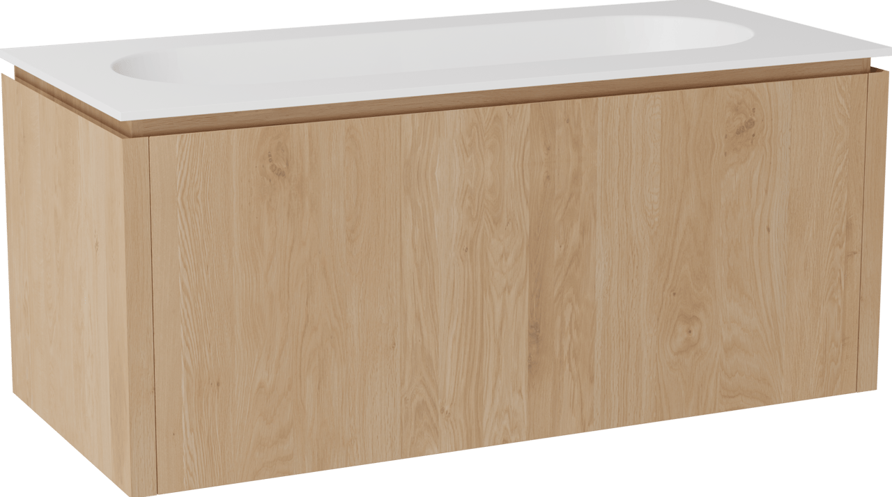 Balmani Eclips meuble salle de bains suspendu 120 x 55 cm Chêne naturelle avec Tablo Oval plan simple pour 2 trous de robinet en Solid Surface blanc mat
