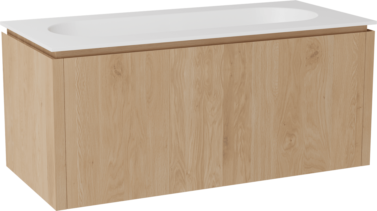 Balmani Eclips zwevend badkamermeubel 120 x 55 cm Natuur eik met Tablo Oval enkele wastafel in Solid Surface mat wit
