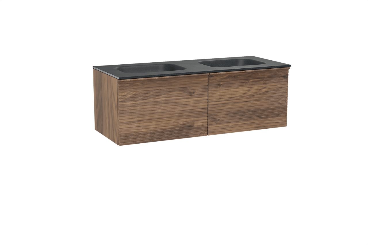 Balmani Forma hängendes Möbelstück Set: 135 x 55 cm, Amerikanischer Nussbaum, mit Tablo Arcato Doppelwaschtisch, Granit, Schwarzes Granit, Horizontale symmetrische gerade Rippe