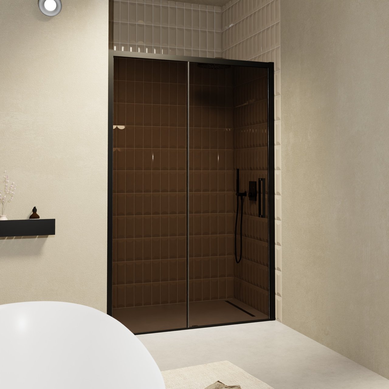 Balmani Senses Design douche schuifdeur omkeerbaar 140 cm x 210 cm Brons glas, Zwarte profielen