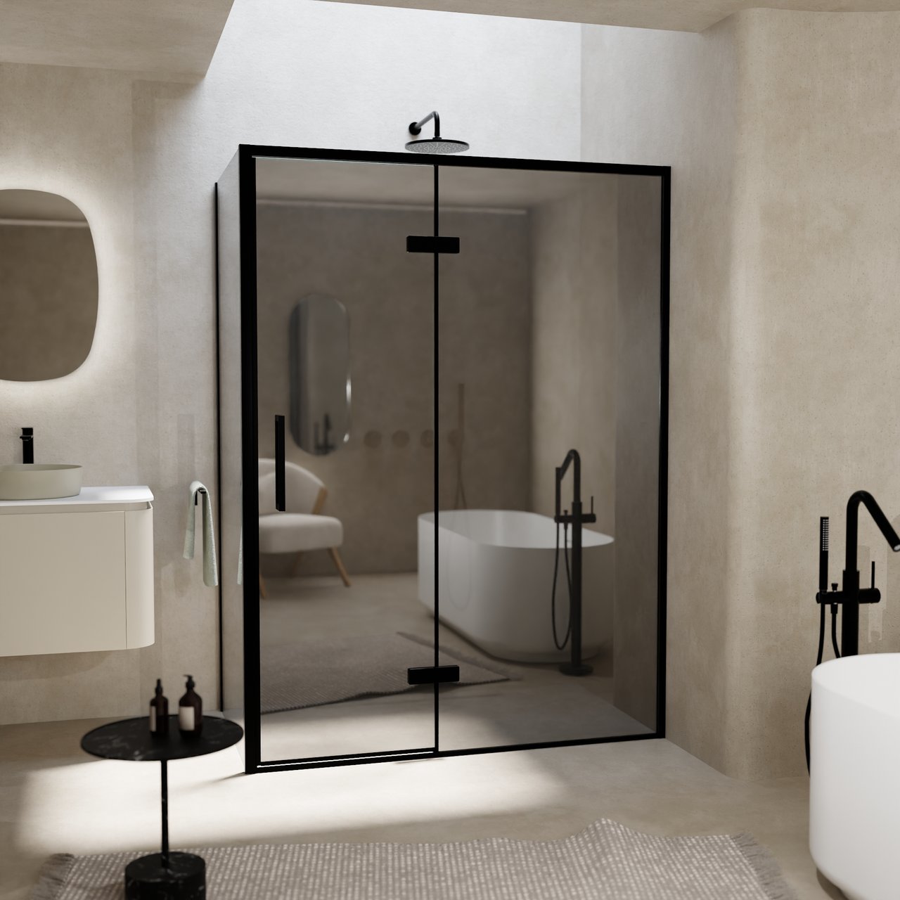 Balmani Senses Design douche en coin avec porte pivotante à droite et paroi latérale fixe, 140 x 90 cm, Miroir Reflex, Profil noir, coating inclus