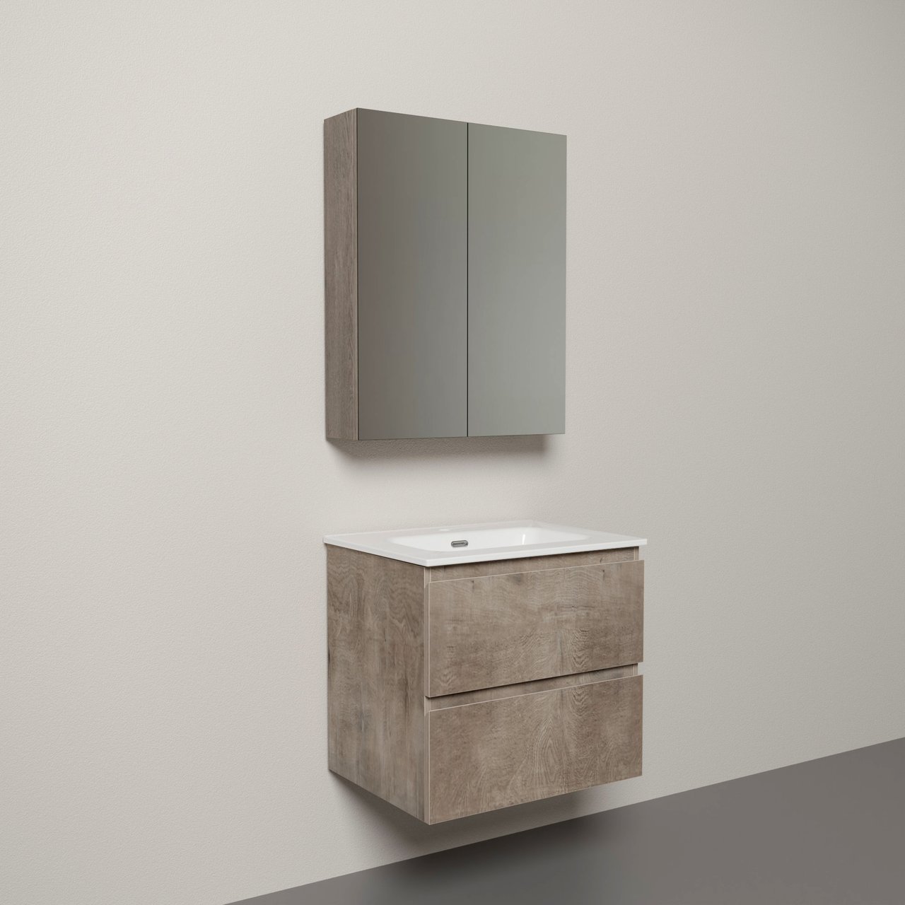 Linie Lado zwevend badmeubel 60 x 46 cm grijze eiken met Baro enkele wastafel in porselein hoogglans wit en Montro spiegelkast