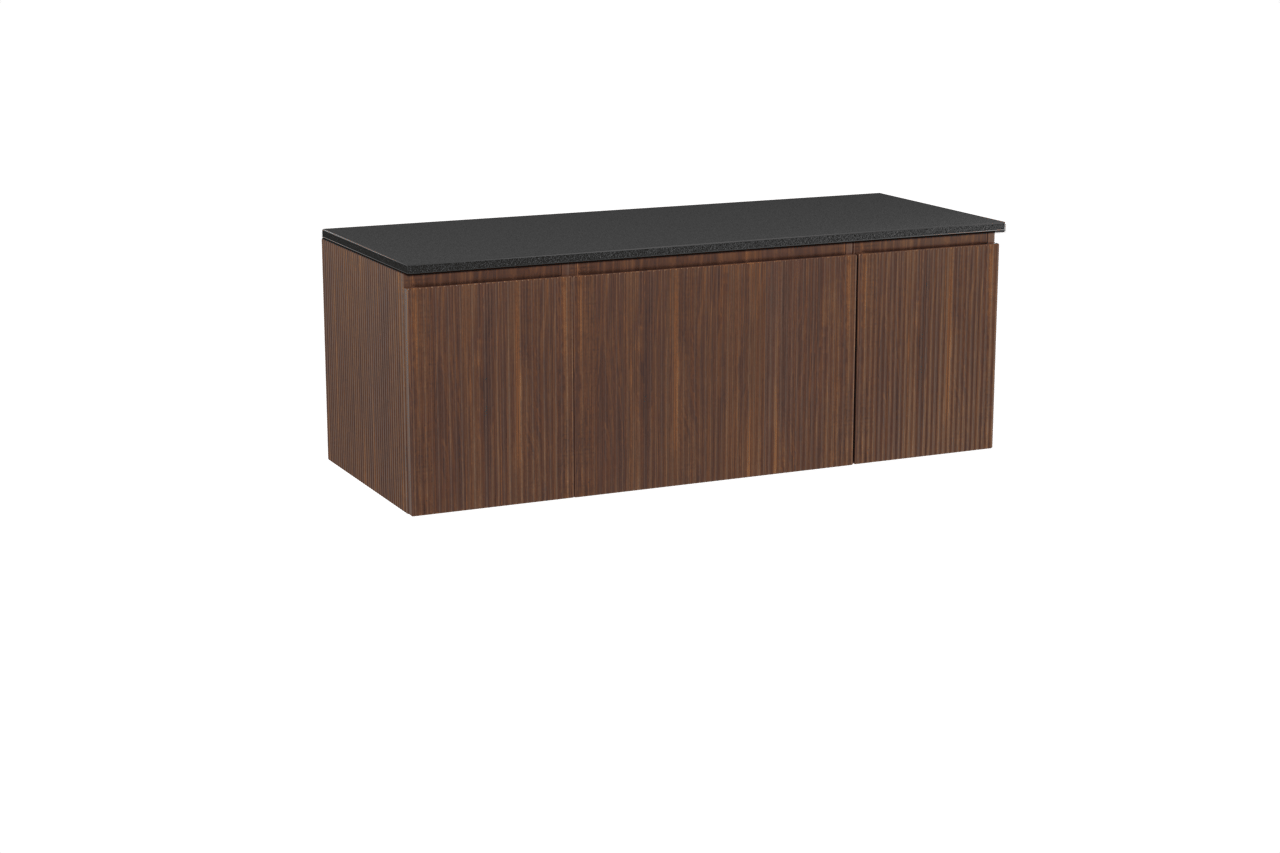 Storke Ribs zwevend badmeubel 135 x 52 cm notenhout met Panton enkel of dubbel wastafelblad in gepoedercoate mdf mat zwart, Verticale symmetrische rechte ribbel