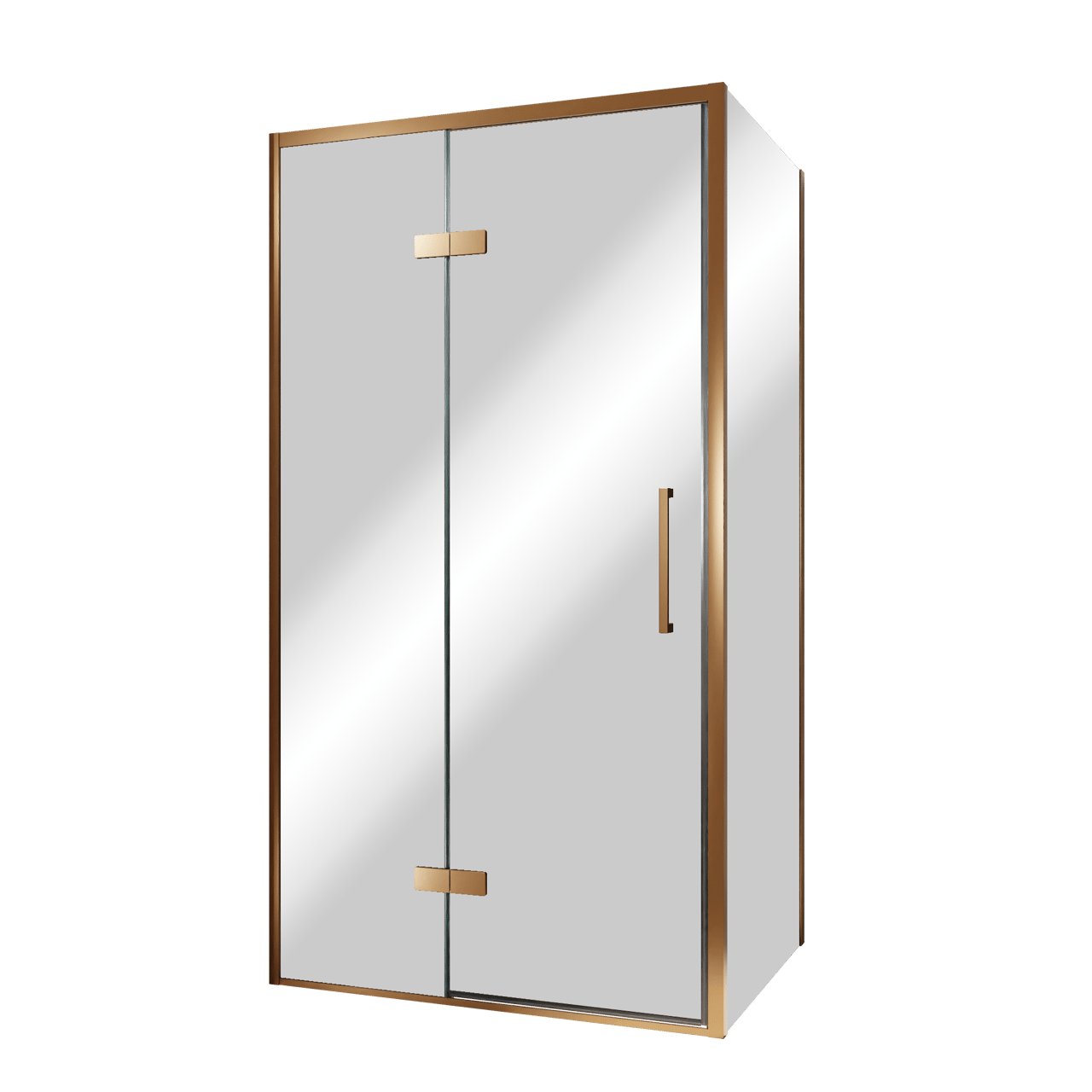 Balmani Senses Design douche en coin avec porte pivotante à gauche et paroi latérale fixe, 100 x 80 cm, Miroir Reflex, Profil Brushed Rosegold