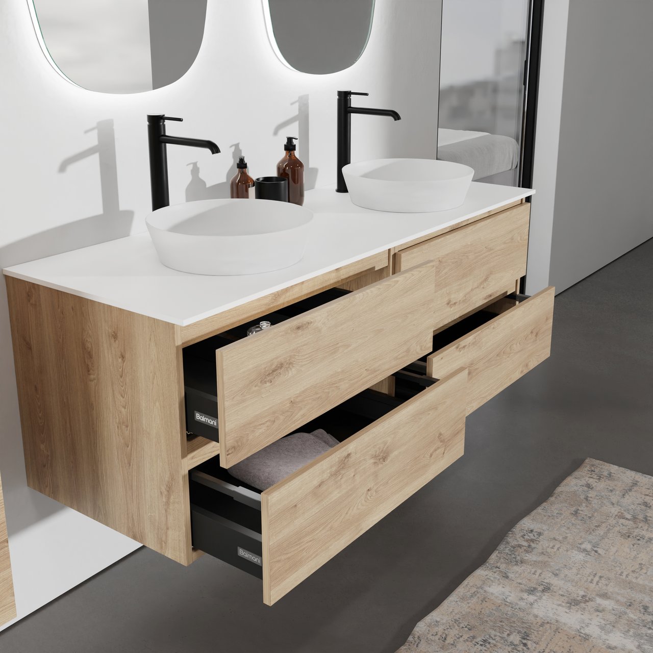 Balmani Lucida hängendes Möbelstück Set: 150 x 55 cm, Rohe Eiche, mit Stretto Einzel- oder Doppel Waschtischplatte, Solid Surface Weiß matt