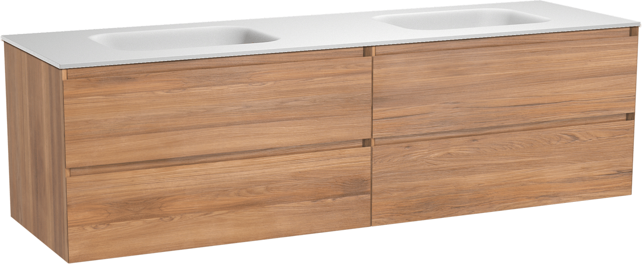 Balmani Mitra meuble salle de bains suspendu 180 x 55 cm teck avec Tablo Arcato double vasque en solid surface blanc mat