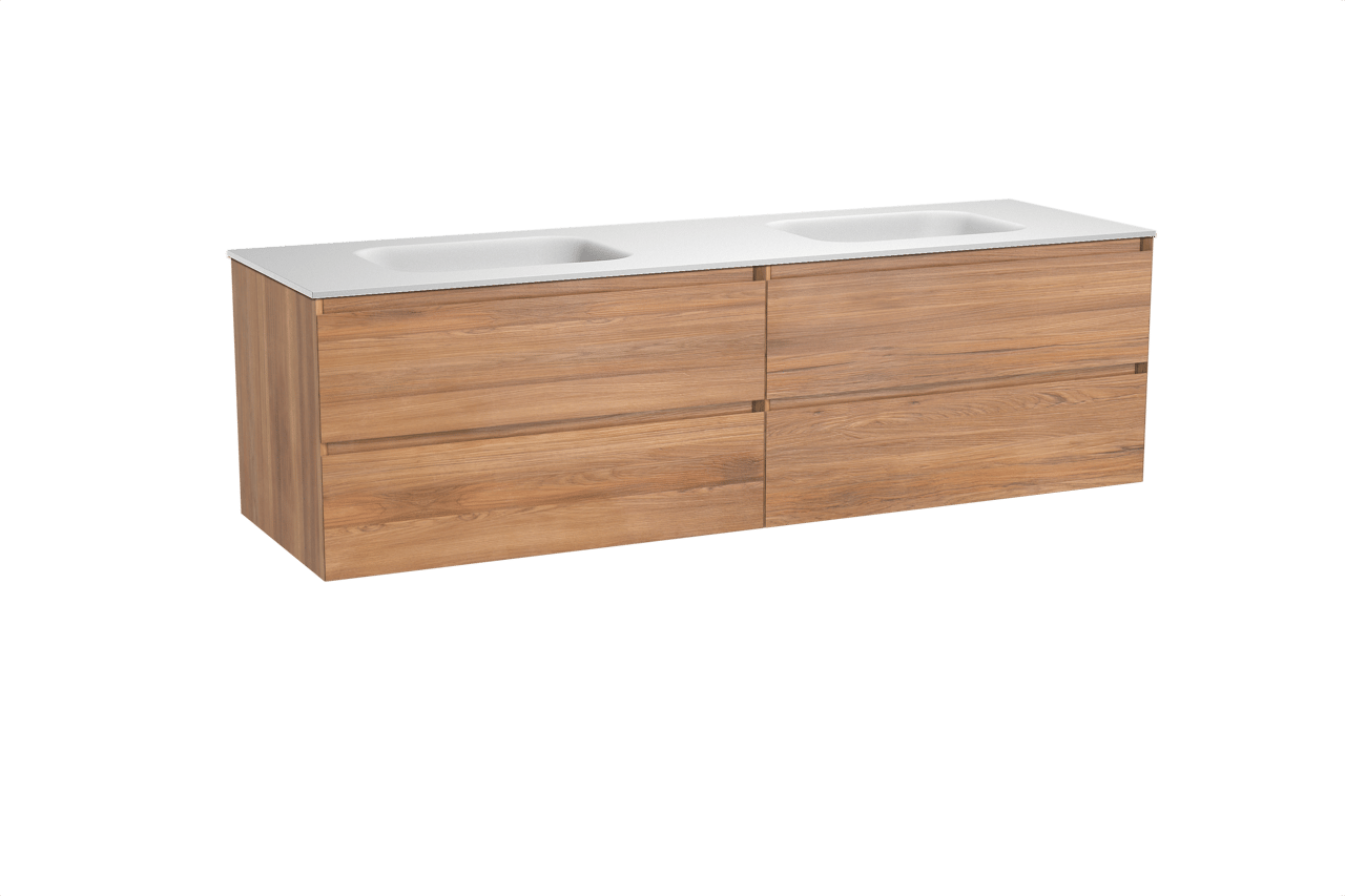 Balmani Mitra meuble salle de bains suspendu 180 x 55 cm teck avec Tablo Arcato double vasque en solid surface blanc mat