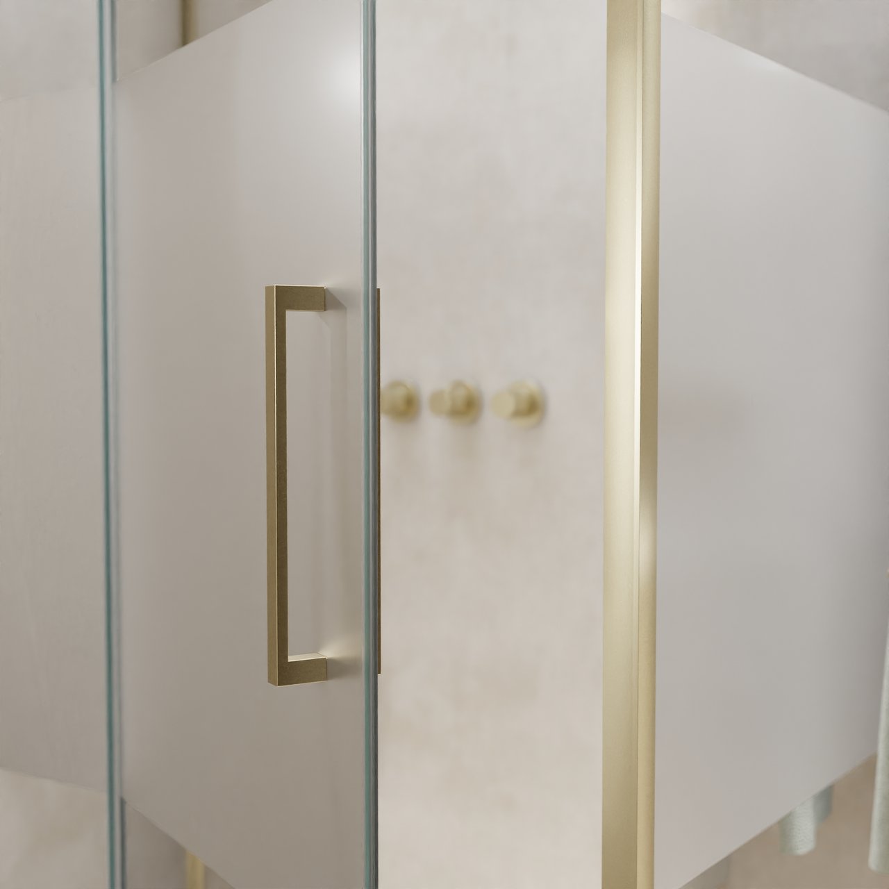 Balmani Senses Design douche en coin avec porte pivotante à gauche et paroi latérale fixe, 140 x 100 cm, Verre transparent avec bande matte, Profil Brushed Champagne Gold, coating inclus