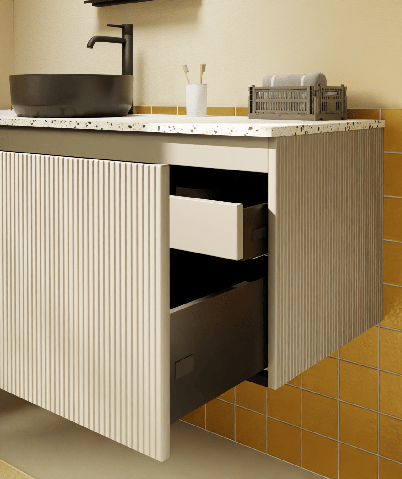 Storke Ribs meuble sous-vasque suspendu 120 x 52 cm soie grise 2 tiroirs