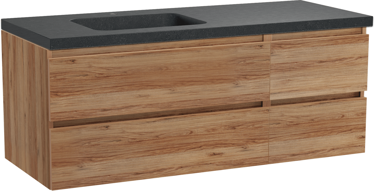 Balmani Lucida zwevend badkamermeubel 135 x 55 cm teak met Napoli asymmetrisch linkse wastafel in graniet zwart