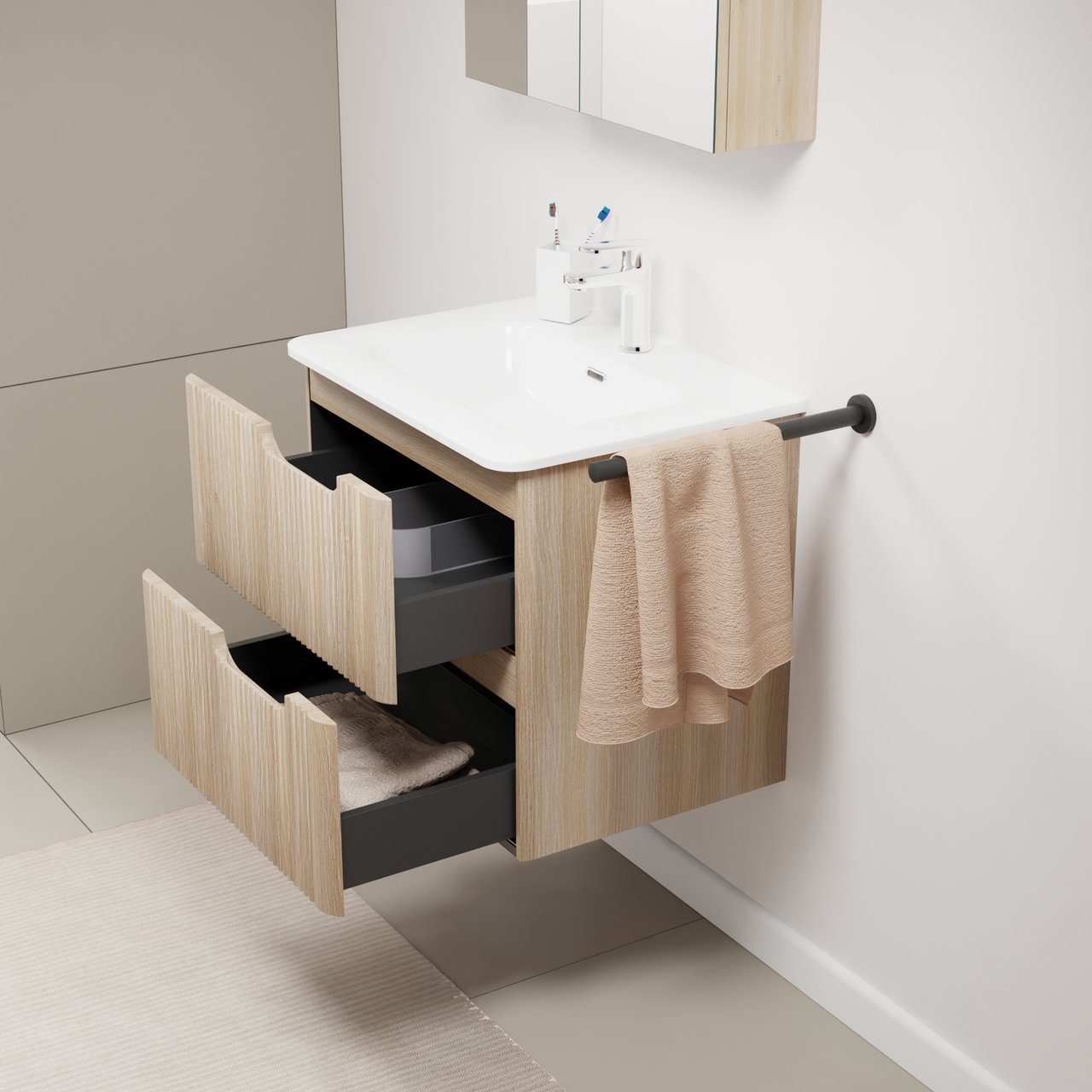 Linie Curvo zwevend badkamermeubel 60 x 46 cm lichte eik met Baro Curvo enkele wastafel in porselein glanzend wit, Verticale symmetrische ronde ribbel