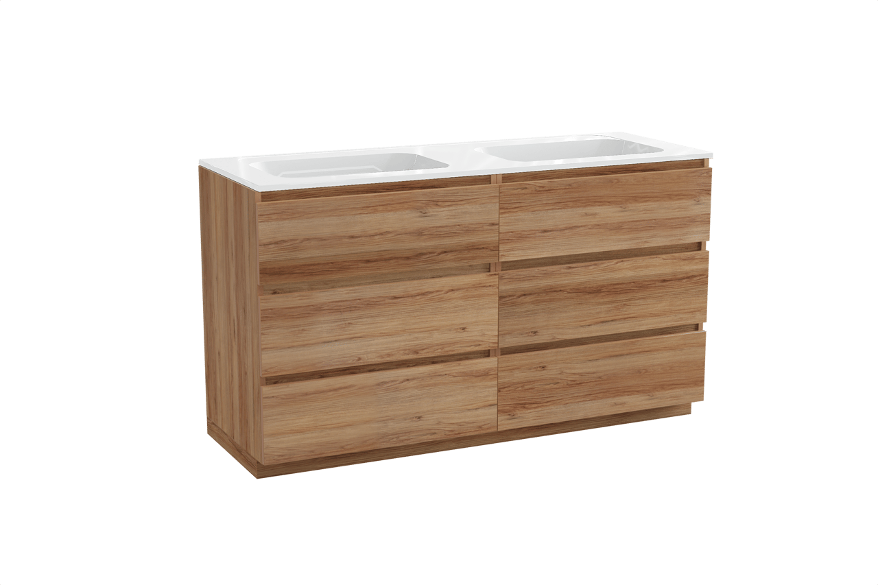 Balmani Lucida freistehendes Möbelstück Set: 150 x 55 cm, Teak, mit Tablo Strada Doppelwaschtisch, Marmorkomposit Weiß glänzend