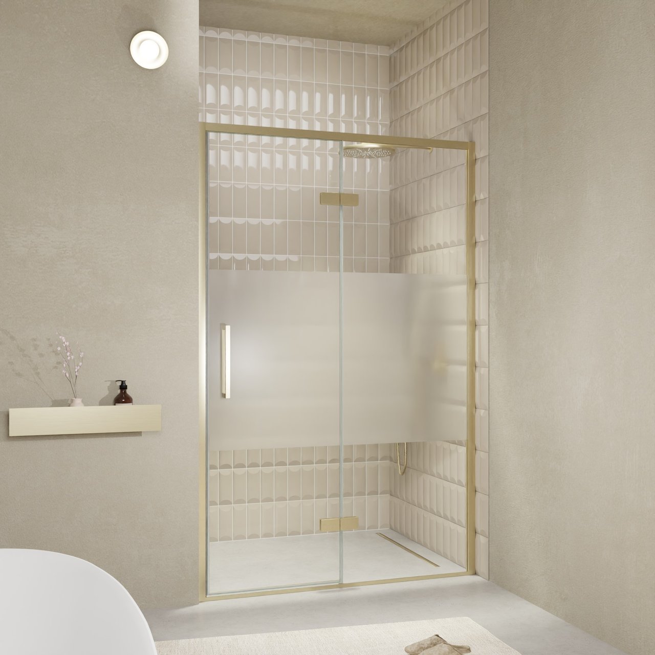 Balmani Senses Design porte pivotante à droite 140 cm x 210 cm verre transparent avec bande matte, Profil Brushed Champagne Gold