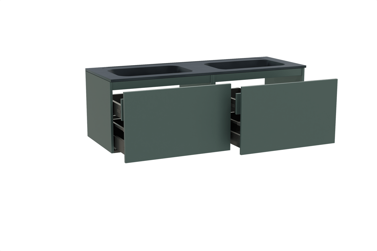 Balmani Sfera hängendes Möbelstück Set: 150 x 55 cm, Forest, mit Tablo Strada Doppelwaschtisch, Marmorkomposit Schwarz matt