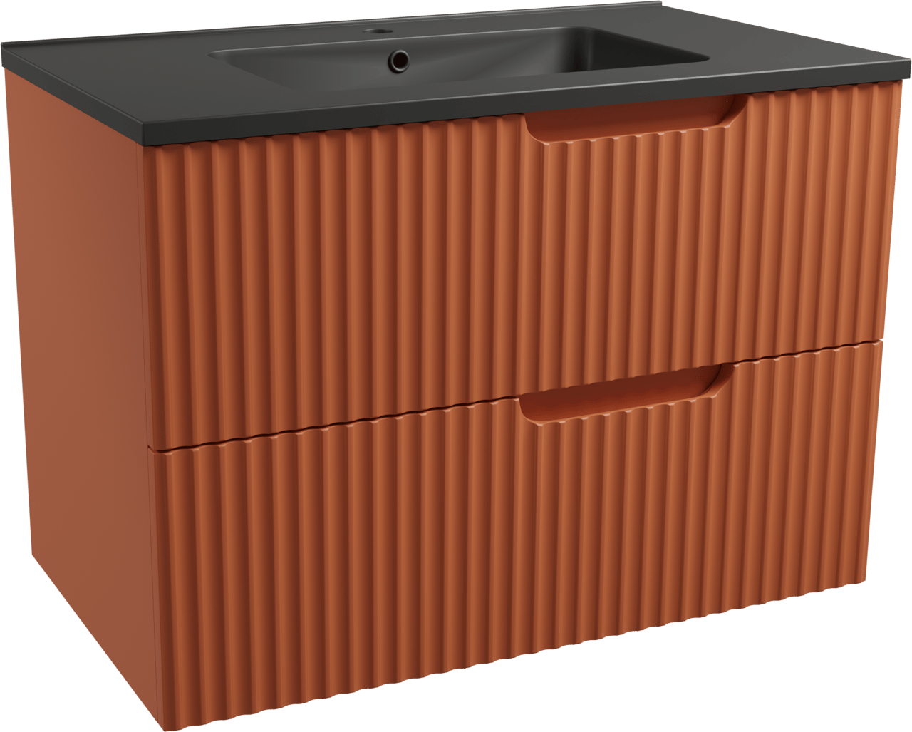 Linie Ribbo zwevend badmeubel 80 x 46 cm cotto met Vano enkele wastafel in composietmarmer mat zwart, Verticale symmetrische ronde ribbel