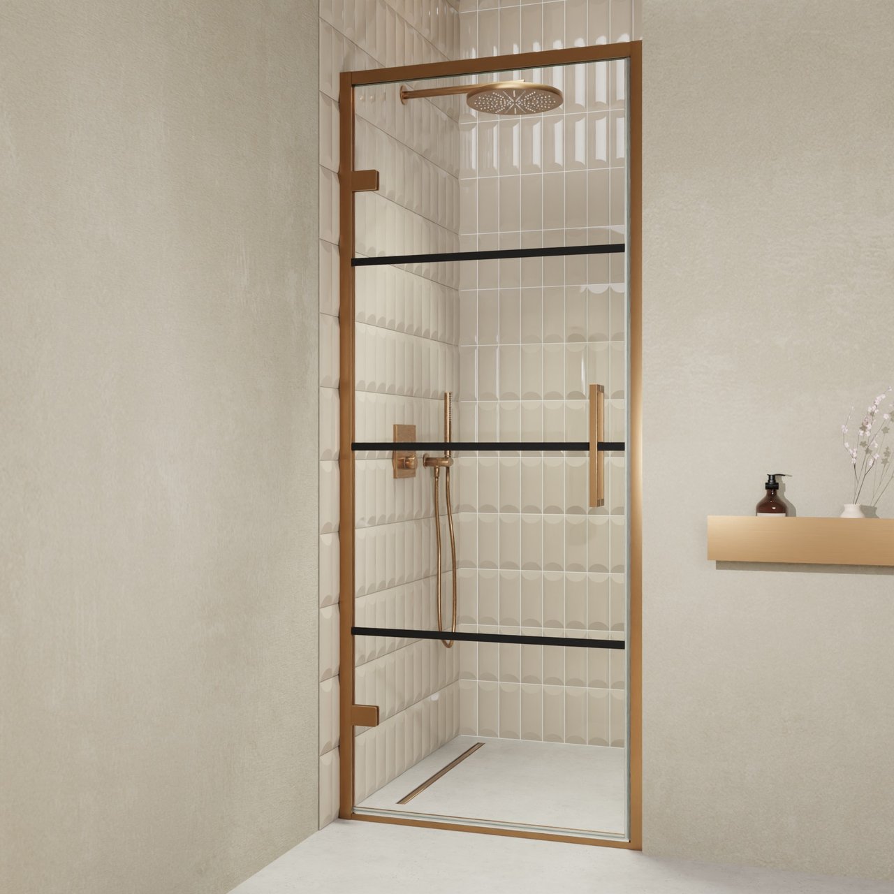 Balmani Senses Design douche draaideur links 90 cm x 210 cm Lined glas, Brushed Rosegold profielen