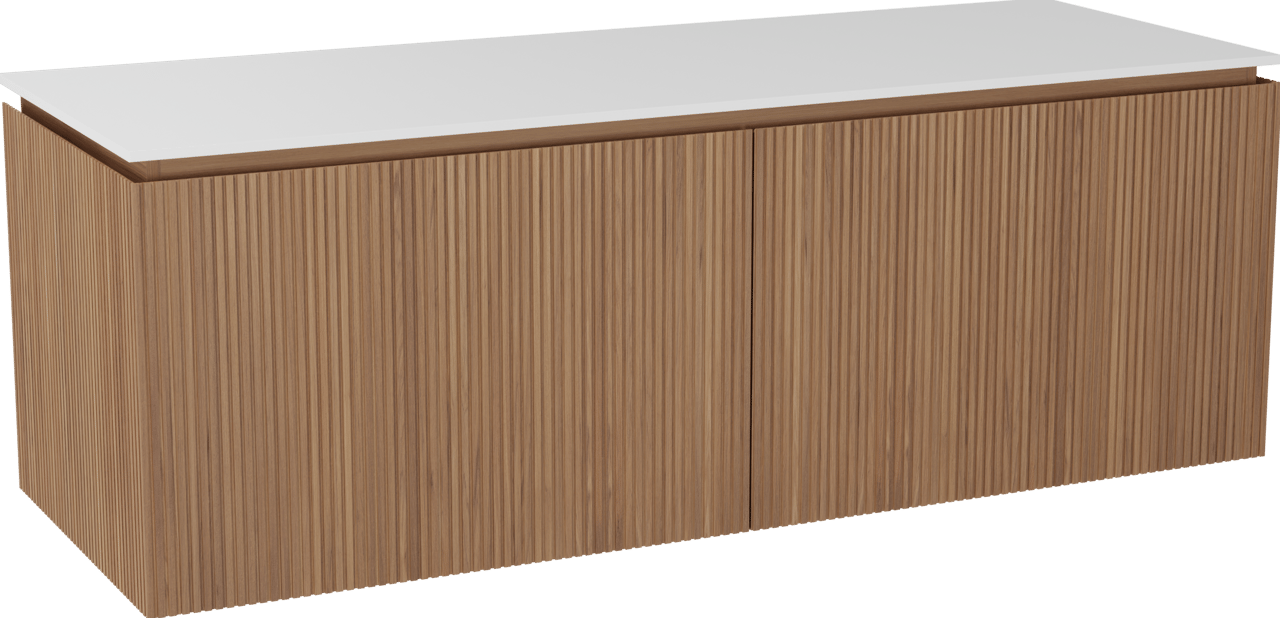 Balmani Eclips hängendes Möbelstück Set: 150 x 55 cm, Teak, mit Stretto Einzel- oder Doppel Waschtischplatte Solid Surface Weiβ matt, Vertikale symmetrische gerade Rippe