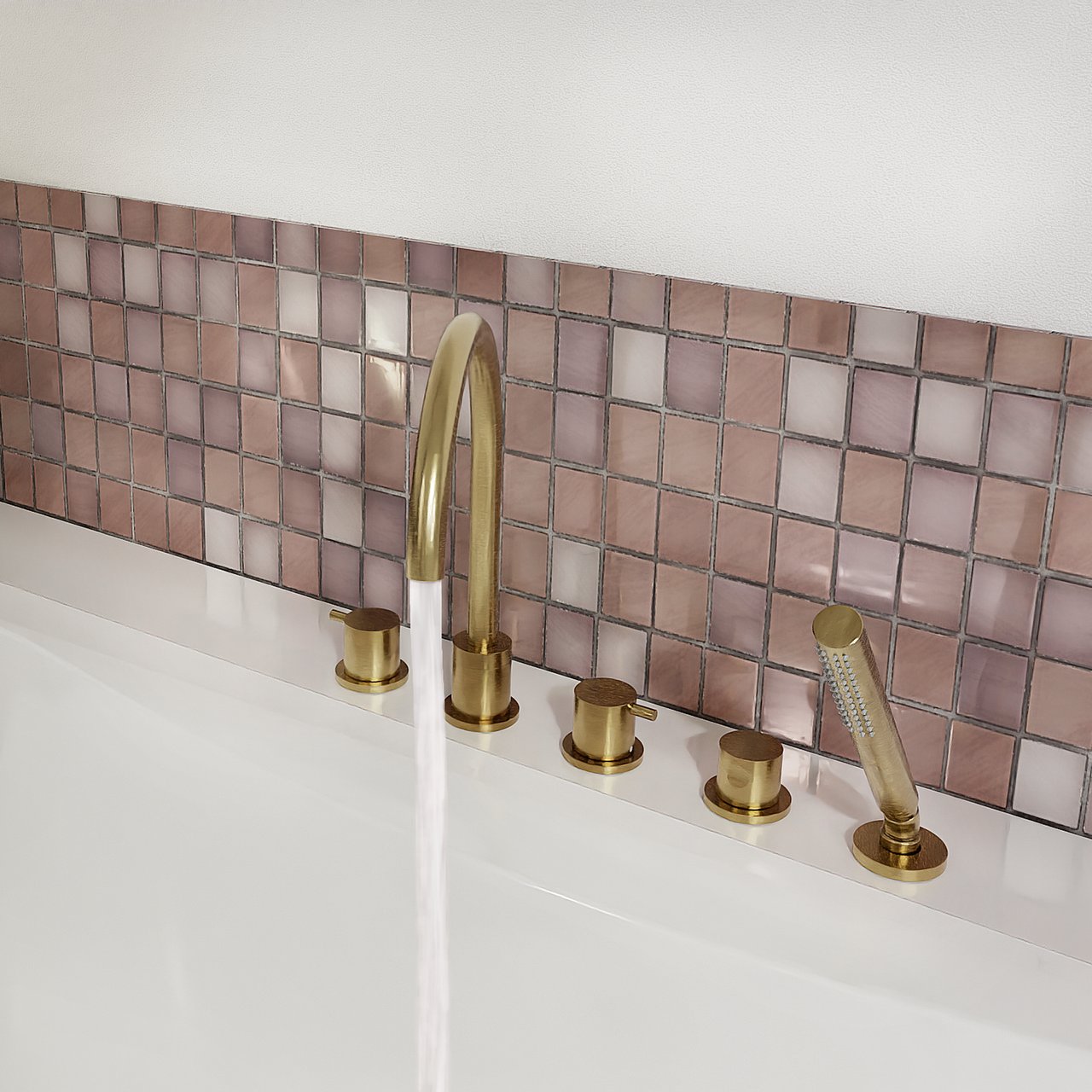 Blaufoss Round 5 trous Robinet de baignoire sur gorge Brushed Gold set douchette incl.