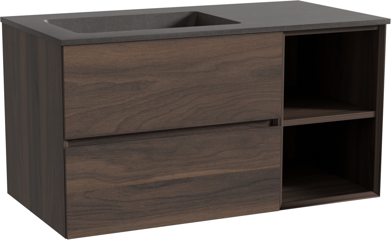 Storke Edge zwevend badkamermeubel 100 x 52 cm notelaar met Scuro asymmetrisch linkse wastafel in kwarts mat zwart