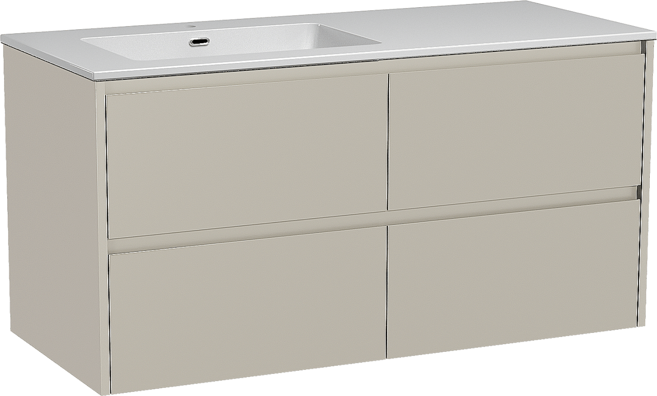 Storke Seda zwevend badmeubel 120 x 52 cm zijdegrijs met Diva asymmetrisch linkse wastafel in composietmarmer hoogglans wit