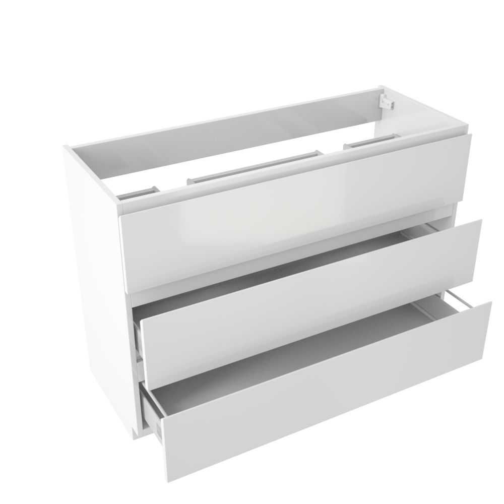 Storke Delta meuble sous-lavabo a poser 120 x 48 cm blanc brillant 3 tiroirs 2 découpés de siphon