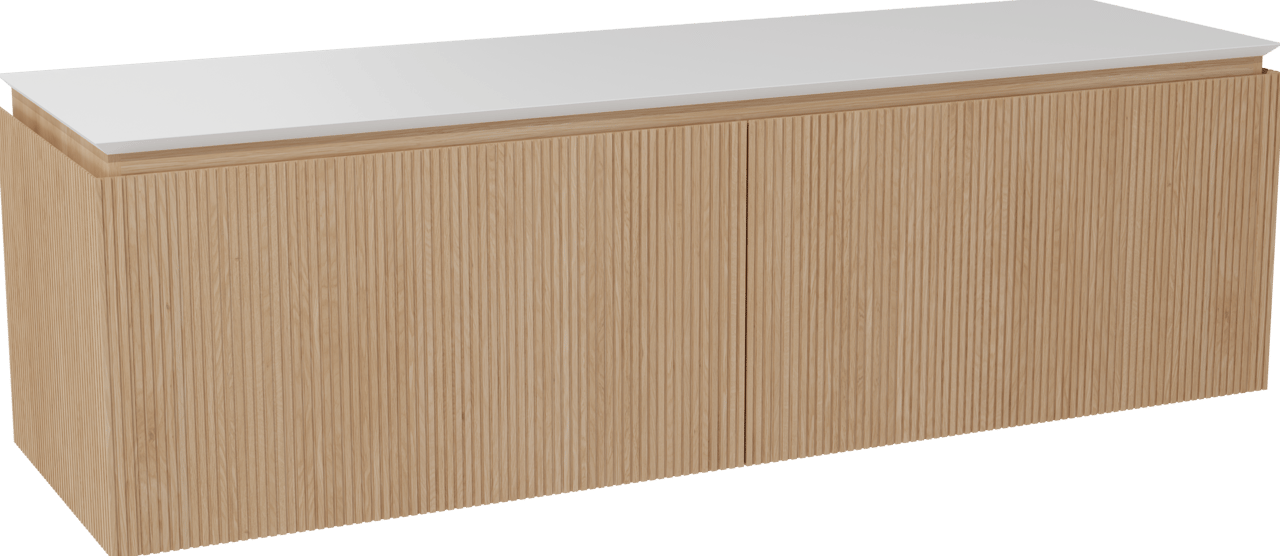 Balmani Eclips meuble salle de bains suspendu 180 x 55 cm Chêne naturelle avec Eclips tablette simple ou double en Solid Surface blanc mat, Nervure droite symétrique verticale