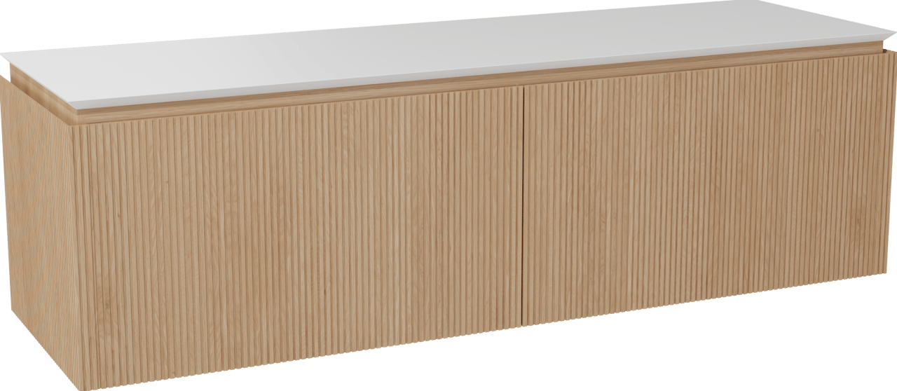 Balmani Eclips hängendes Möbelstück Set: 180 x 55 cm, Eiche Natur, mit Eclips Einzel- oder Doppel Waschtischplatte Solid Surface Weiβ matt, Vertikale symmetrische gerade Rippe