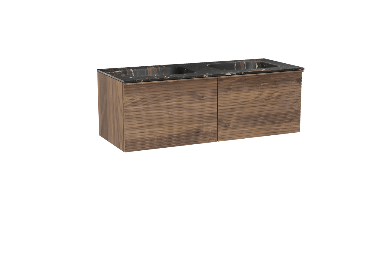 Balmani Forma hängendes Möbelstück Set: 135 x 55 cm, Amerikanischer Nussbaum, mit Tablo Arcato Doppelwaschtisch, Marmor, Portoro Gold, Horizontale symmetrische gerade Rippe