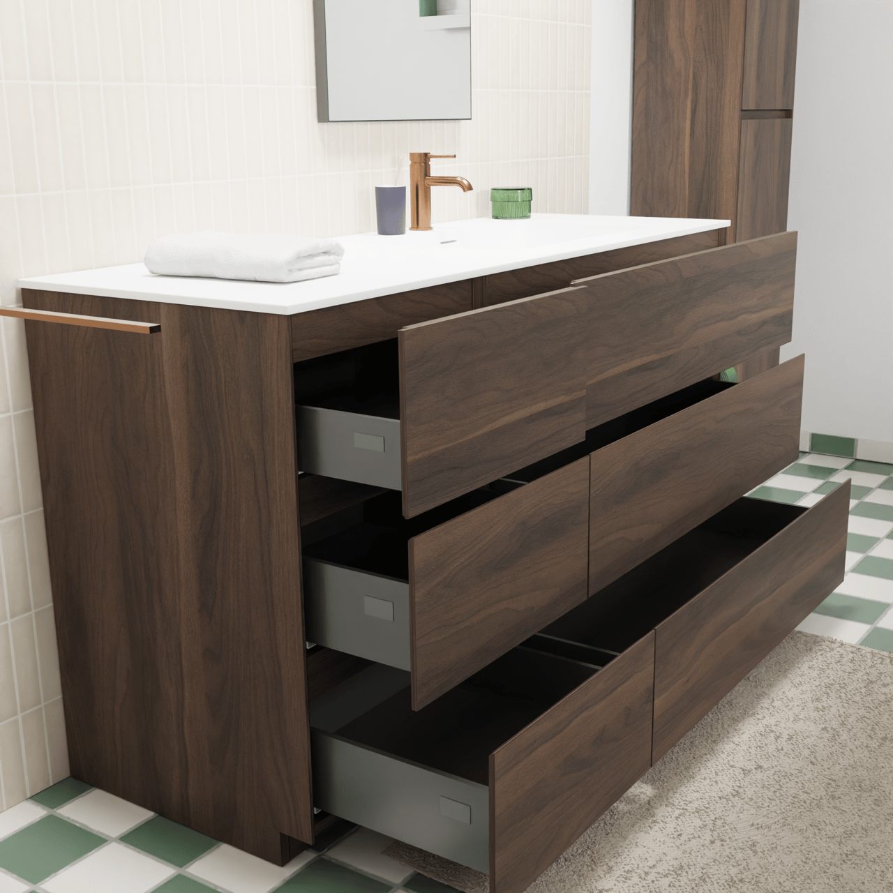 Storke Edge staand badmeubel 140 x 52 cm notenhout met Mata asymmetrisch rechtse wastafel in solid surface mat wit