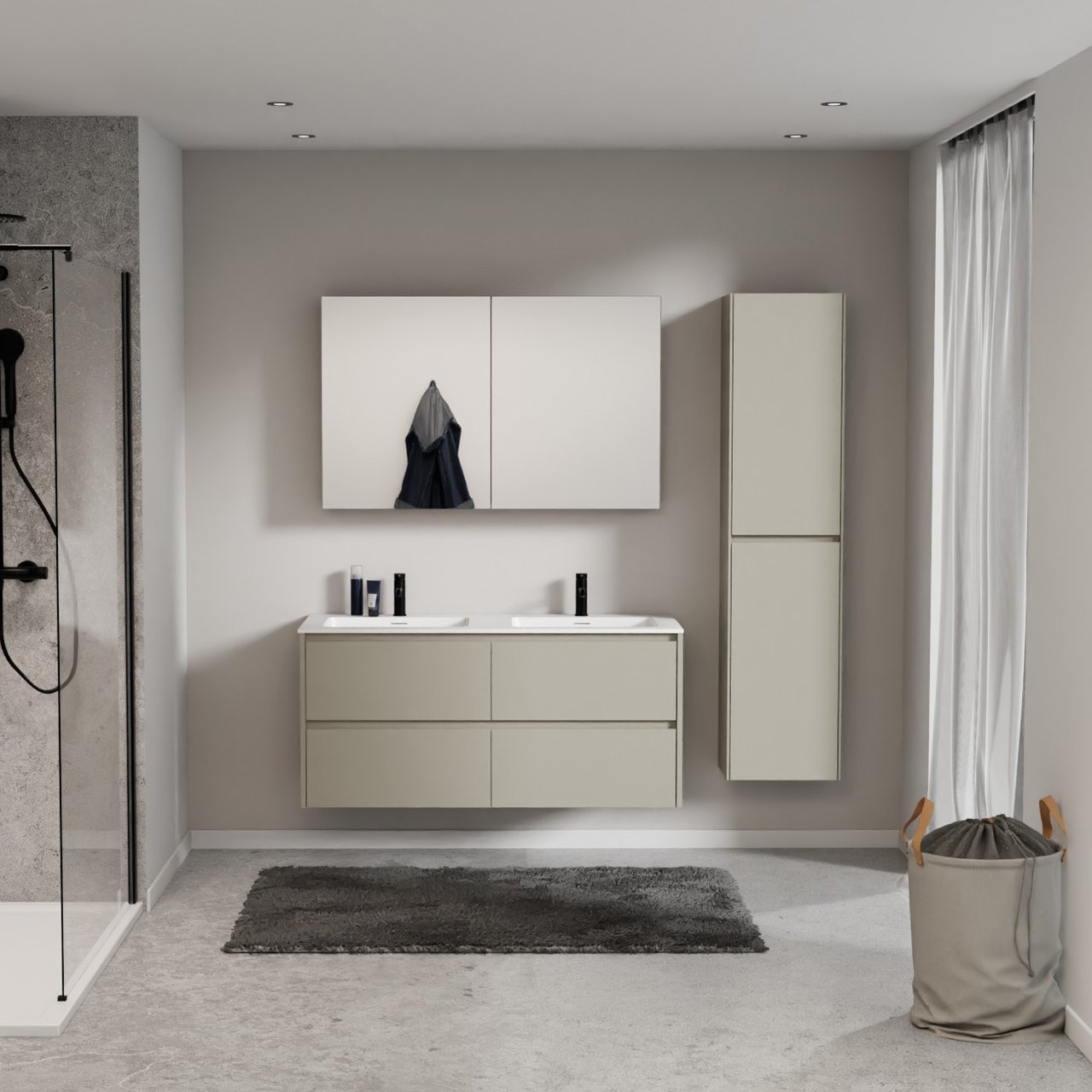 Storke Seda hängendes Möbelstück Set: 130 x 52 cm, Seidengrau, mit Mata Doppelwaschtisch, Solid Surface Weiß matt