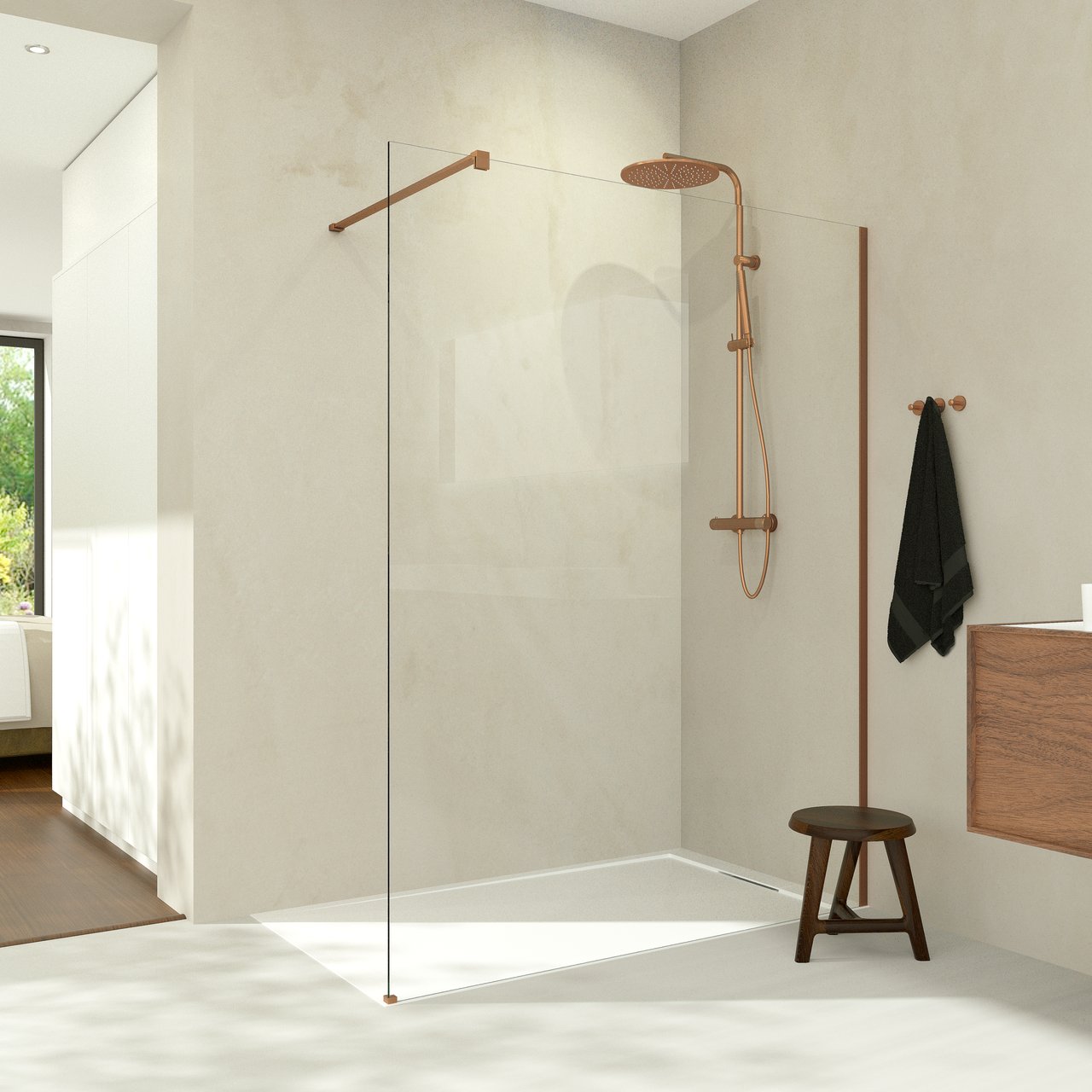 Balmani Modular Walk-In Dusche: 180 x 200 cm, Klarglas, Rosegold Profil, gebürstet