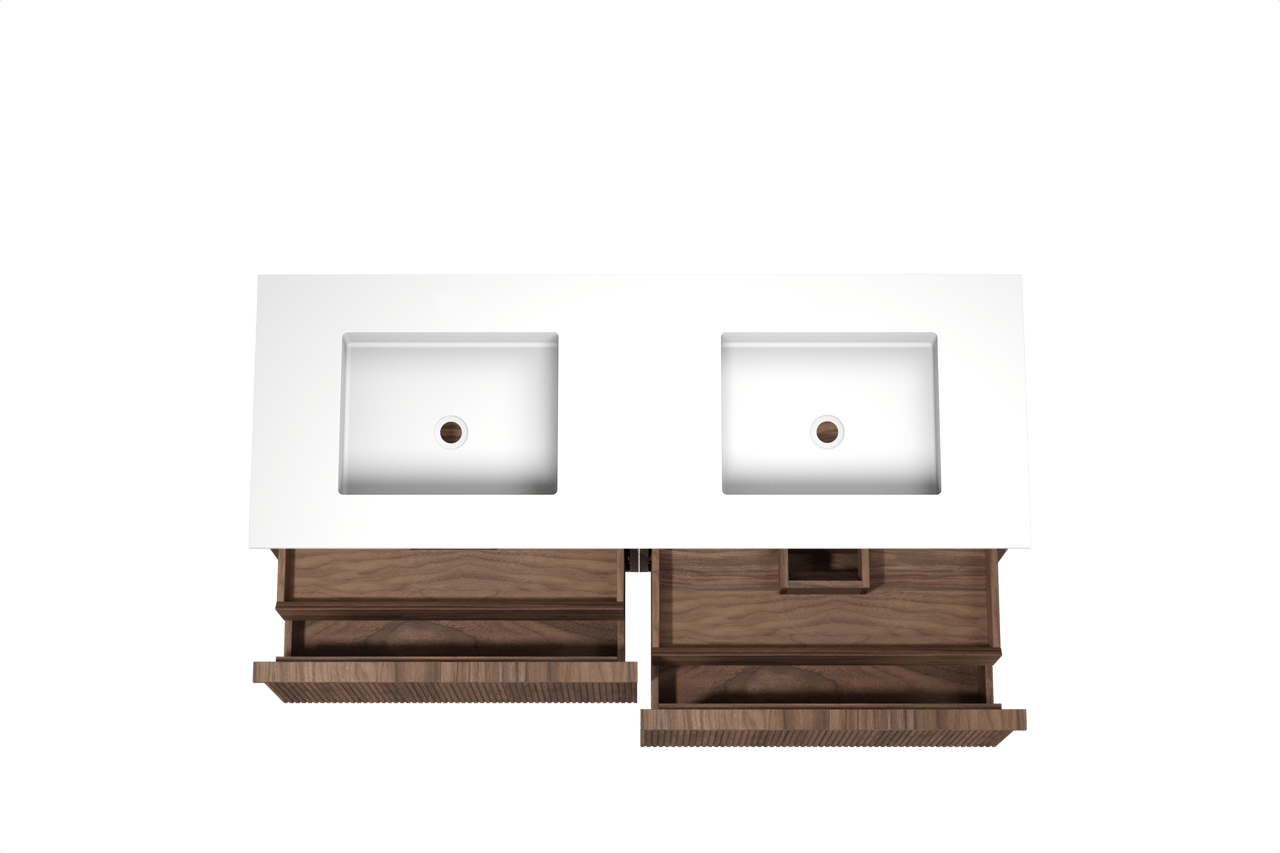 Balmani Forma meuble salle de bains suspendu 150 x 55 cm noyer américain avec Tablo Stretto double vasque en solid surface blanc mat, Nervure droite symétrique verticale