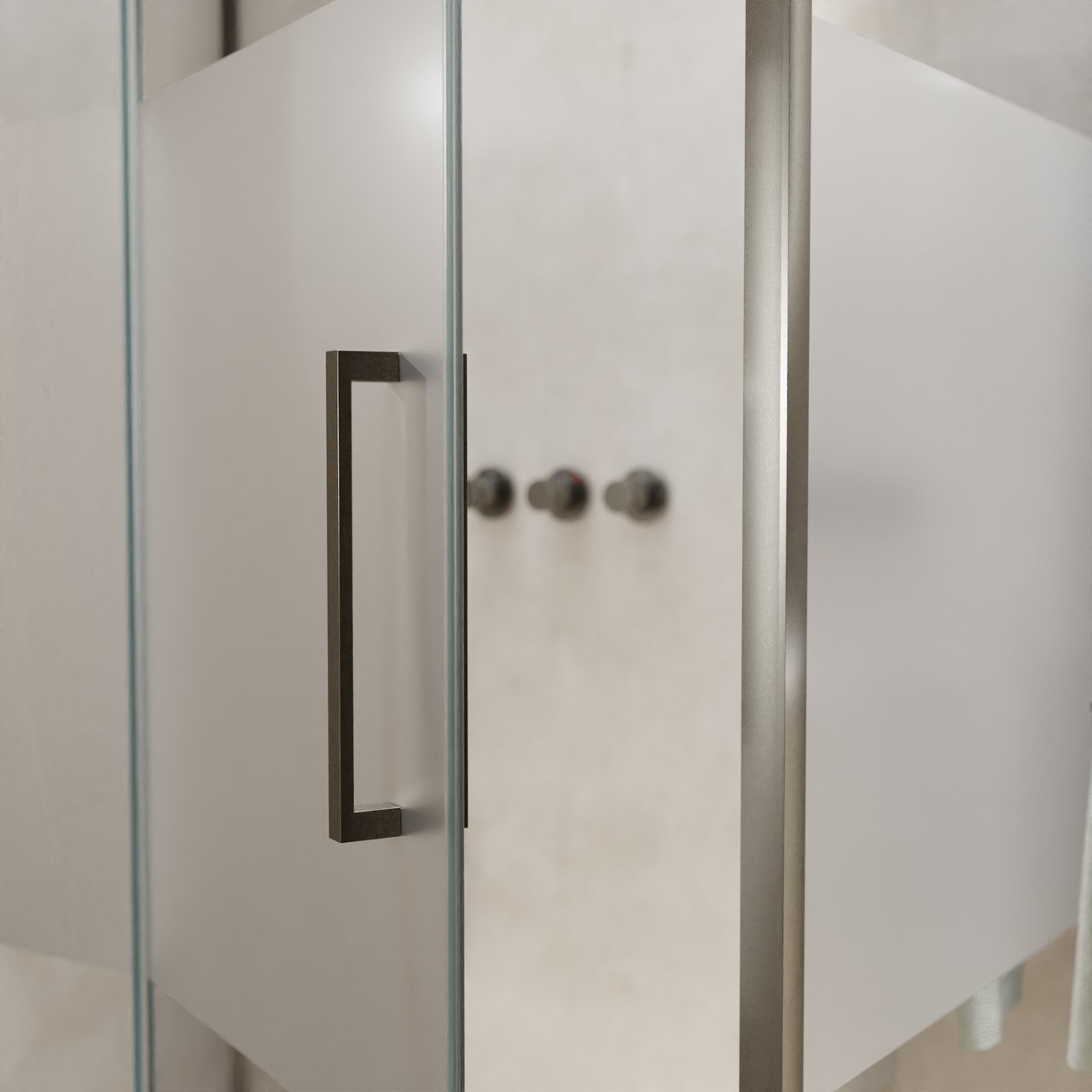 Balmani Senses Design Eckdusche: Drehtür (Links) mit fixierte Seitenwand, 140 x 100 cm, Klarglas mit mattiertem Streifen, Profil Brushed GunMetal