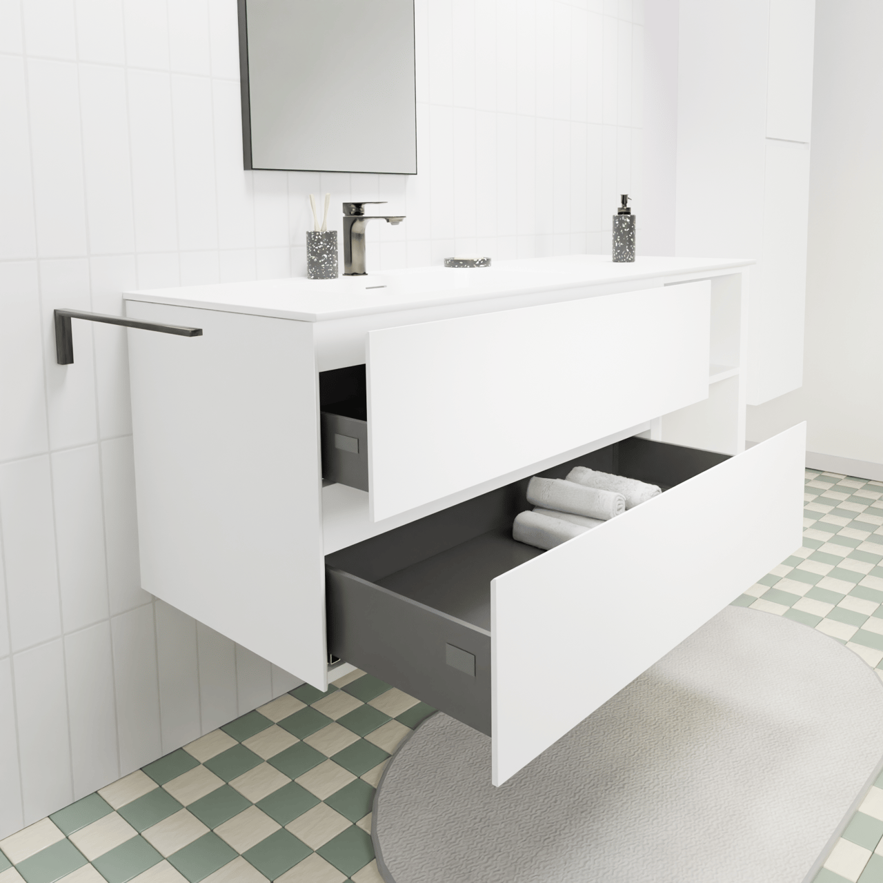 Storke Edge meuble salle de bains suspendu 140 x 52 cm blanc mat avec Mata plan vasque asymétrique à gauche en solid surface blanc mat