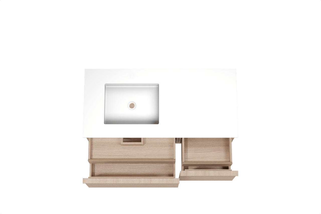 Balmani Forma hängendes Möbelstück Set: 120 x 55 cm, Naturbelassene Eiche, mit Tablo Stretto Waschtisch links, Solid Surface, Weiß matt, Horizontale symmetrische gerade Rippe