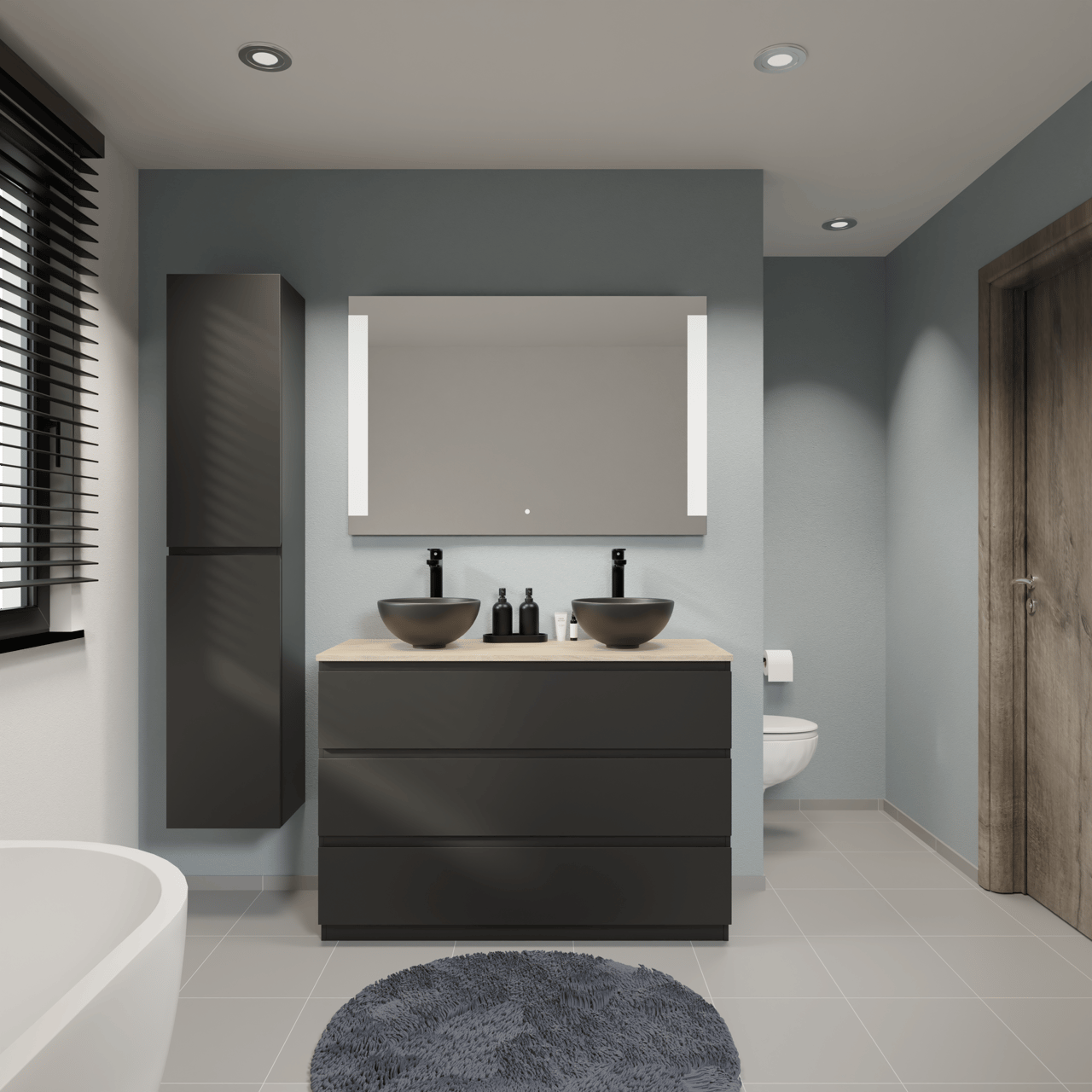 Linie Lado staand badmeubel 120 x 46 cm mat zwart met Lado enkel of dubbel wastafelblad in melamine naturel eiken