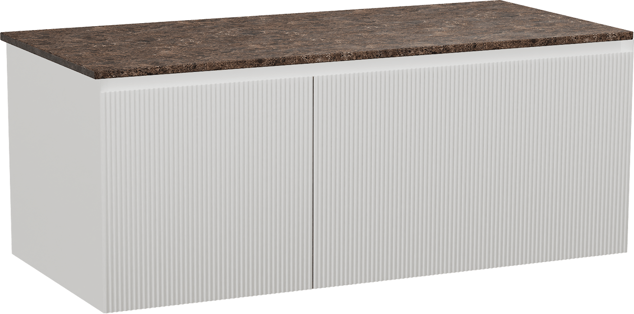 Balmani Fila zwevend badmeubel 120 x 55 cm mat wit met Stretto enkel of dubbel wastafelblad in marmer dark emperador, Verticale symmetrische rechte ribbel