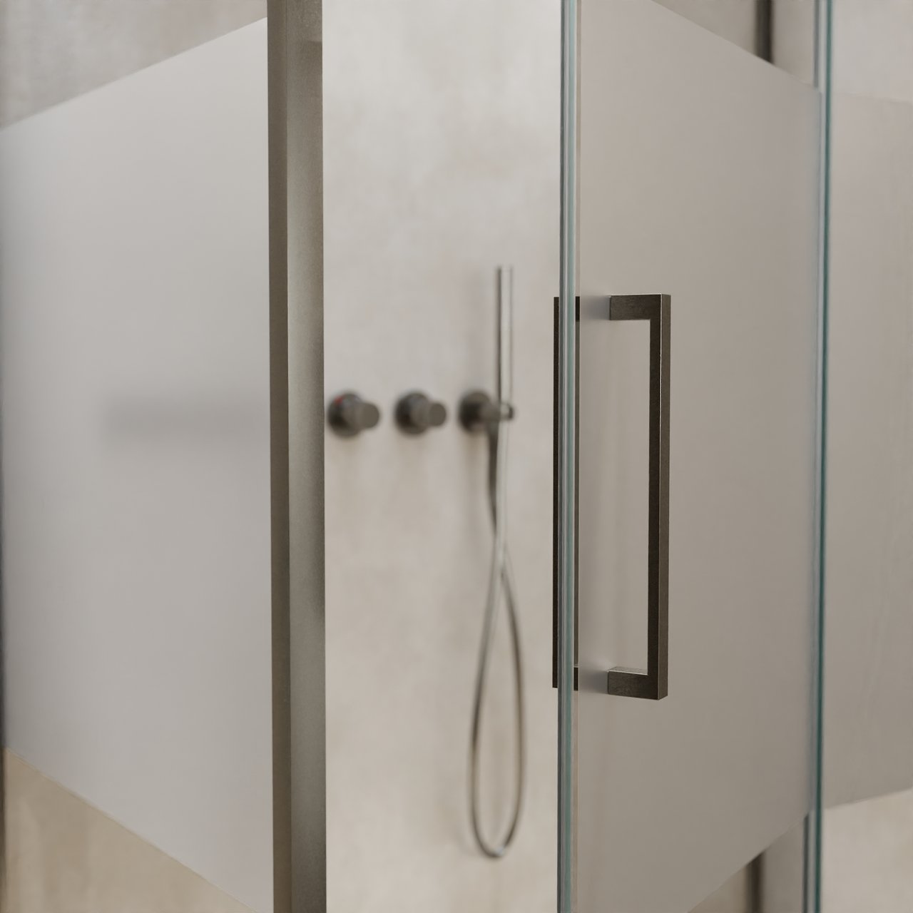 Balmani Senses Design douche en coin avec porte pivotante à droite et paroi latérale fixe, 100 x 100 cm, Verre transparent avec bande matte, Profil Brushed GunMetal