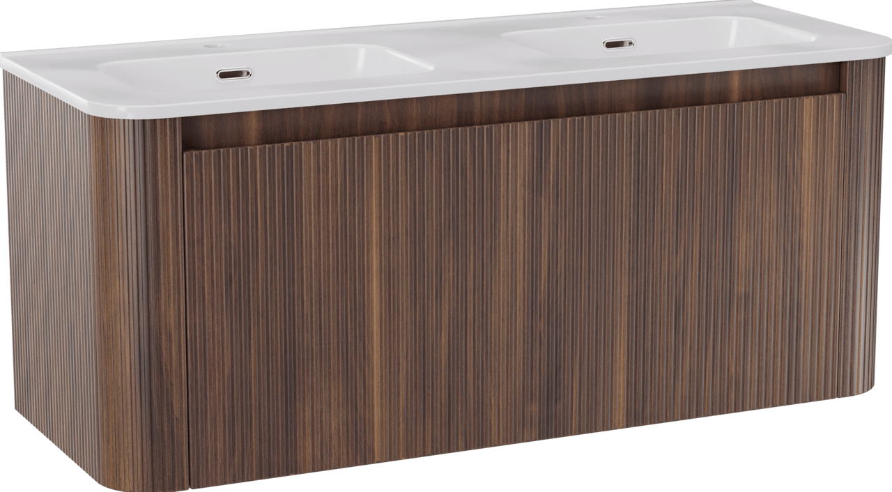 Storke Soft meuble salle de bains suspendu 120 x 46 cm noyer avec Kera Soft double vasque en porcelaine blanc brillant, Nervure droite symétrique verticale