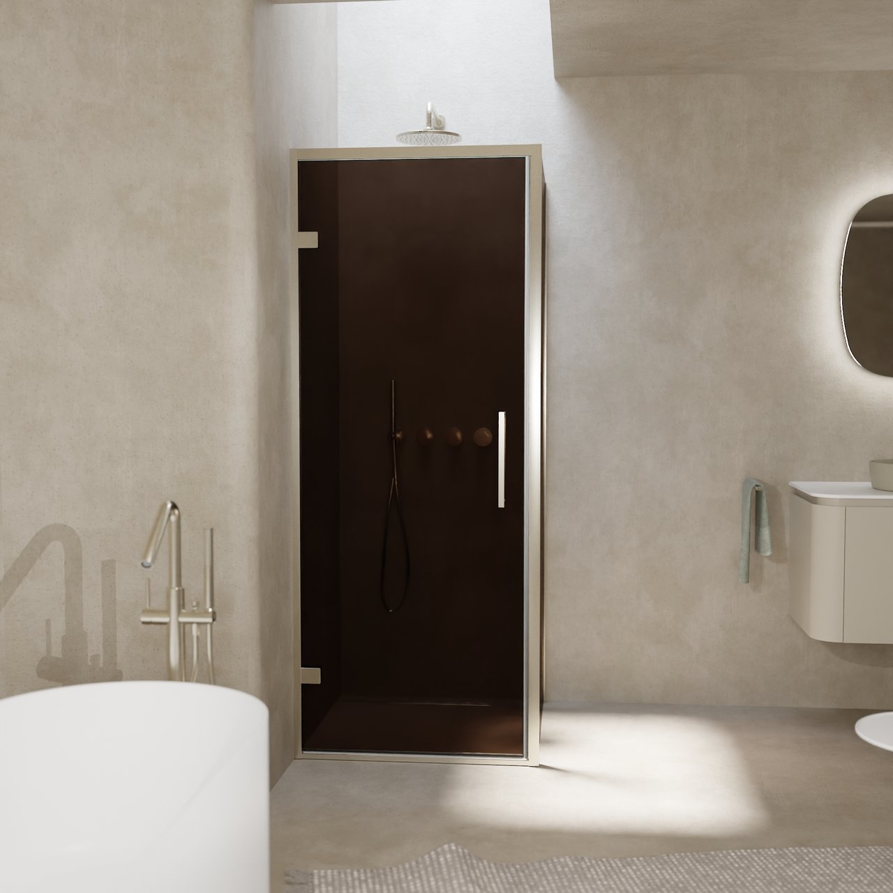 Balmani Senses Design douche en coin avec porte pivotante à gauche et paroi latérale fixe, 90 x 100 cm, Bronze, Profil Brushed CoolMetal, coating inclus, coating inclus