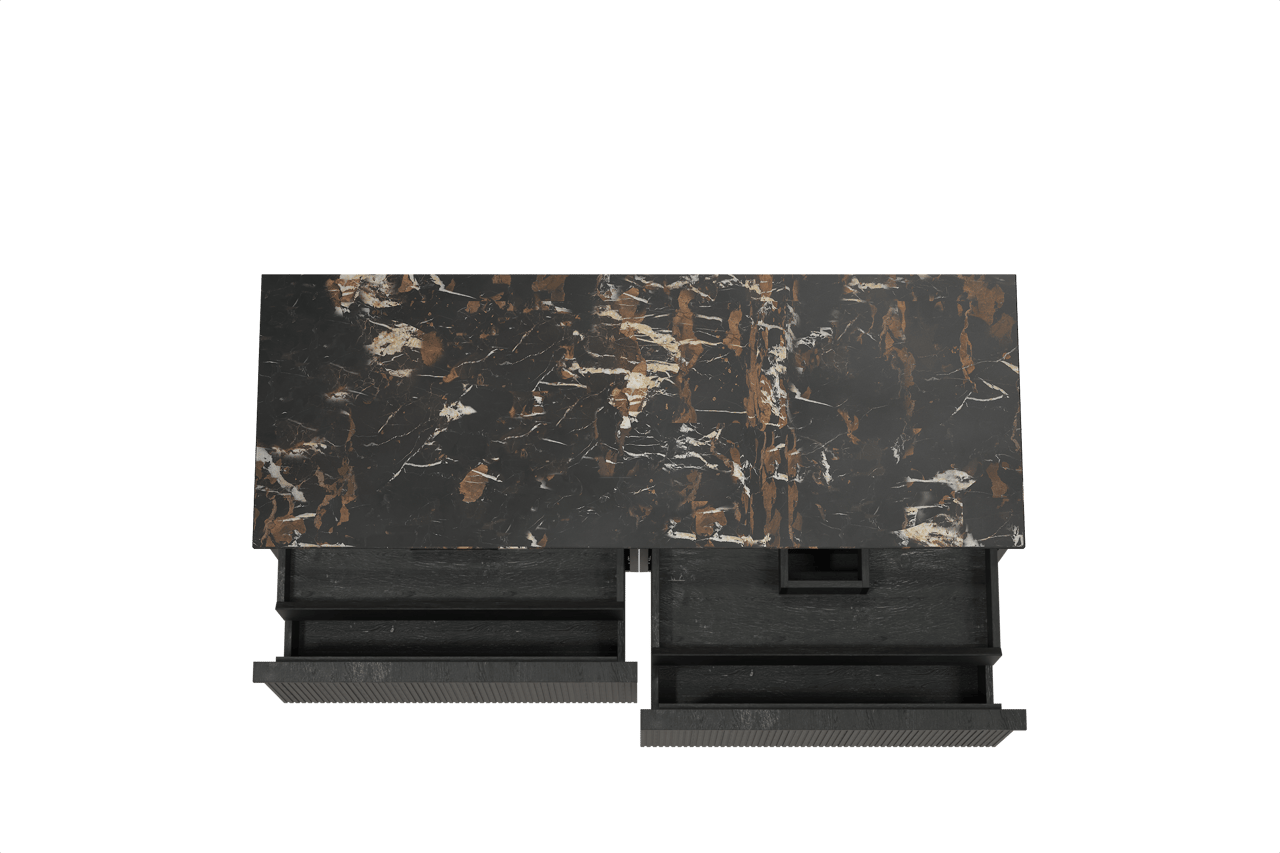 Balmani Forma meuble salle de bains suspendu 150 x 55 cm chêne noir avec Stretto tablette simple ou double en marbre portoro gold, Nervure droite symétrique verticale