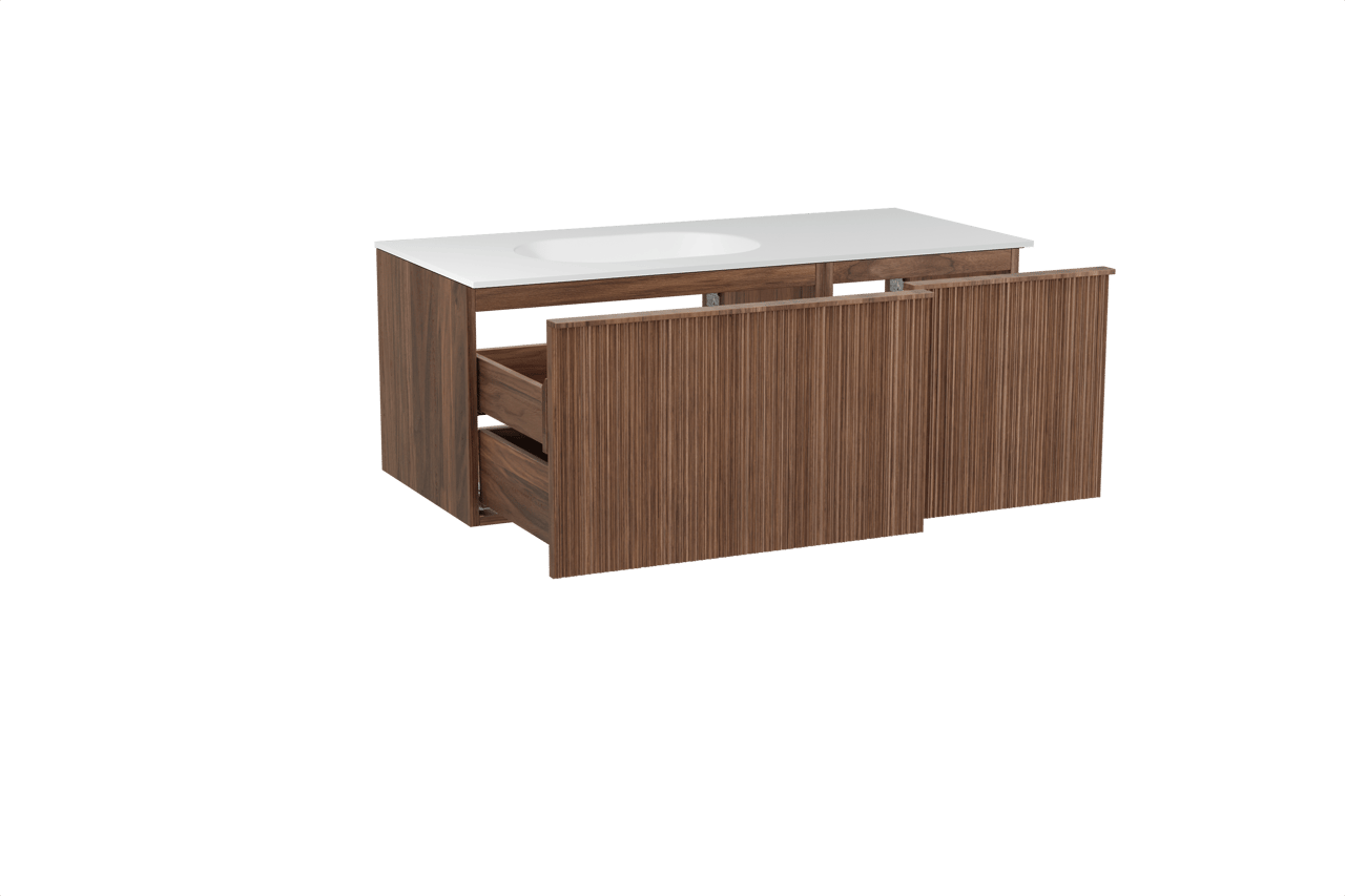 Balmani Forma hängendes Möbelstück Set: 120 x 55 cm, Amerikanischer Nussbaum, mit Tablo Oval Waschtisch links, Solid Surface, Weiß matt, Vertikale asymmetrische Runde Rippe